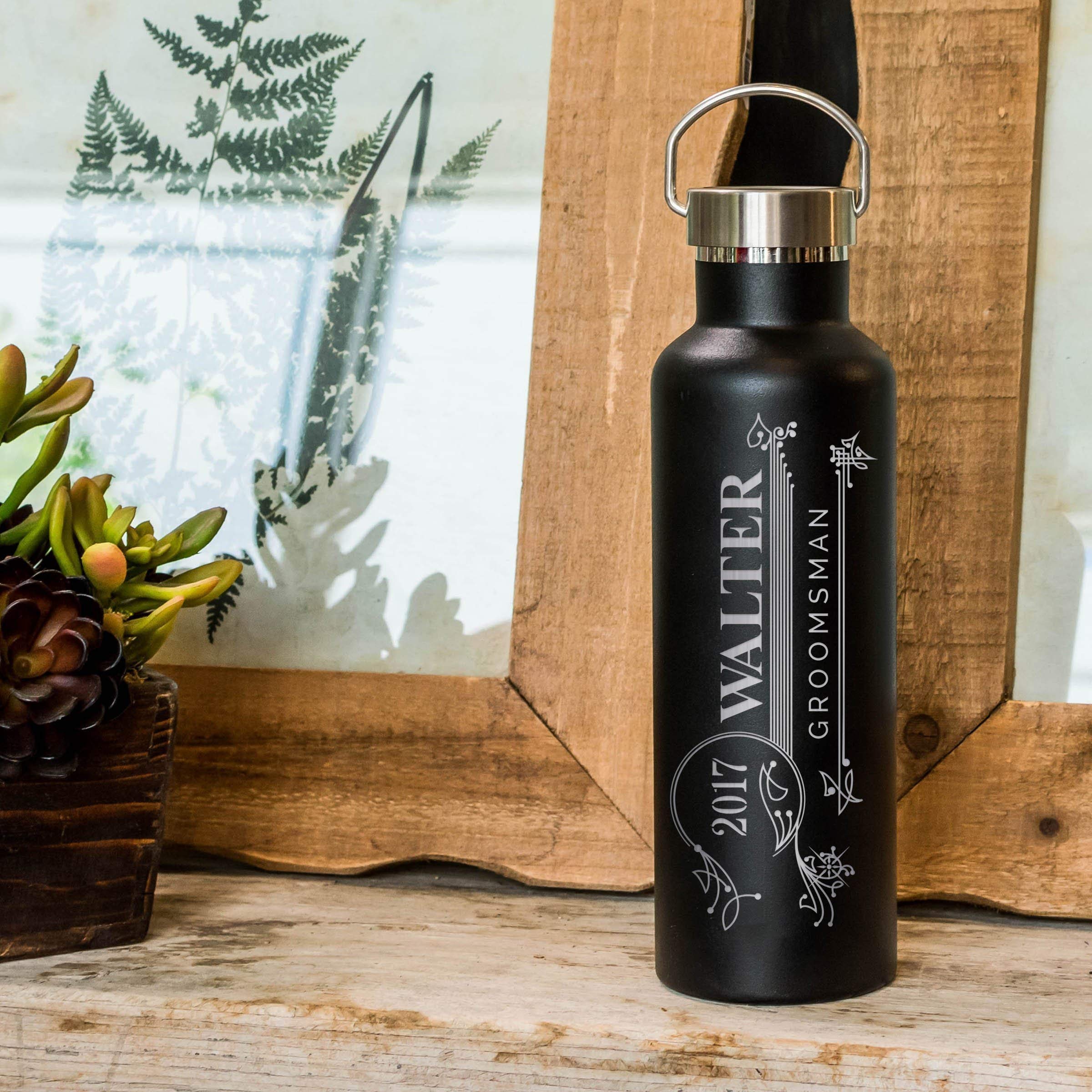 New and Unique Wedding Party Gift - Custom Engrave Vintage Design on Insulated Elemental Bottle - 25 ounces (750ml)