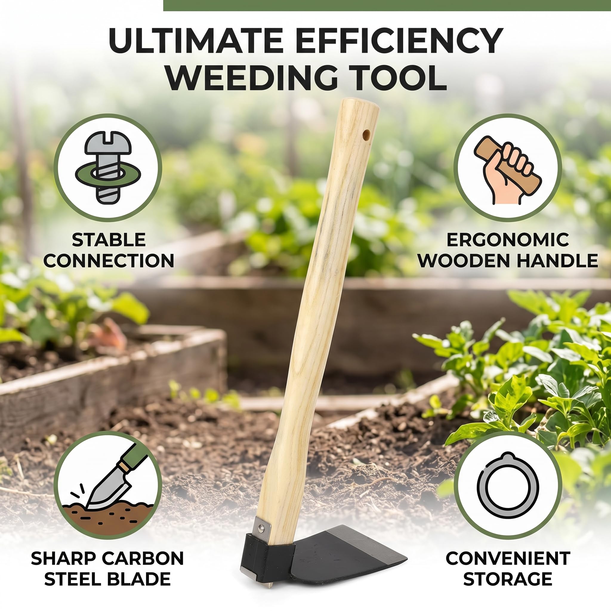 Aramox Sarcloir à Main Ergonomique – Manche en Bois et Lame en Acier Carbone – Outil de Désherbage Léger pour Jardin Potager – Crochet Double Rivets
