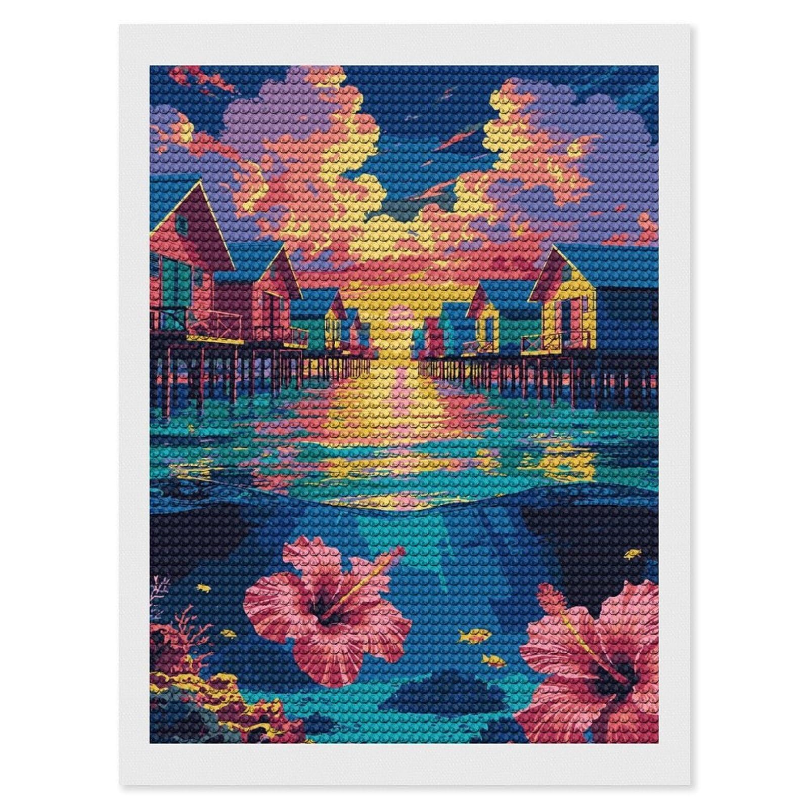 Junmoney Tropical Overwater Bungalows with Underwater Scene Diamond Art Kit 12"x16", Creative Leisure Activity, Complete Accessories, Vintage Style Decor, for Women