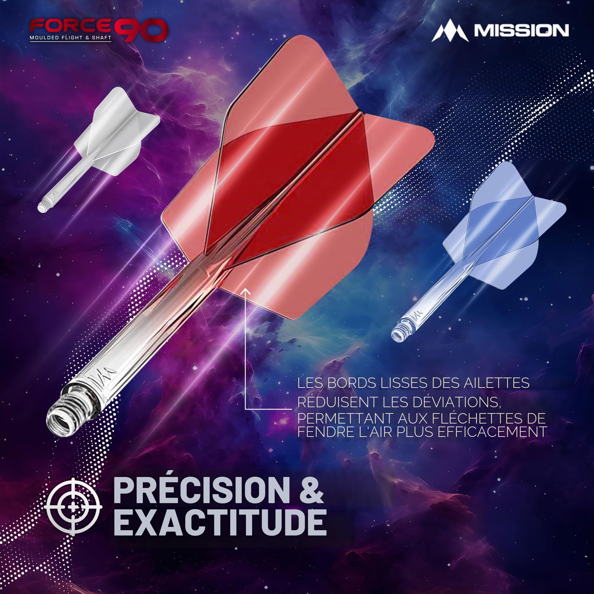 Mission Darts Force 90 | Ailettes et tiges de fléchettes moulées avec précision intégrées, lot de 3 ailettes et tiges professionnelles hautement durables 2 en 1 | Standard n°6