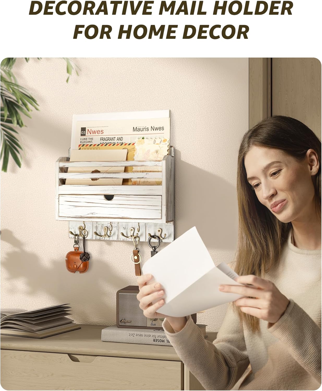 Rebee Vision Decorative Key & Mail Organizer Wall Mounted Set – Key Holder Wall Mount with Drawer Organizer & Floating Shelf – Elevate Your Home Decor with Double Charm (Whitewash)