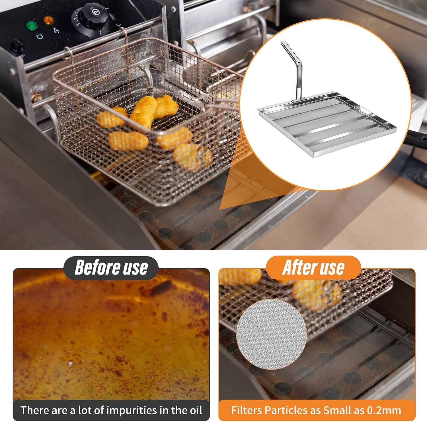 Commercial AF45 Deep Fryer Filter Screen with Thermometer, 13.75" x 13.75" 550 Micron 304 Stainless Steel Fryer Strainer, Oil Filter Mesh for Avantco, Pitco & Restaurant Deep Fryers, Extends Oil Life
