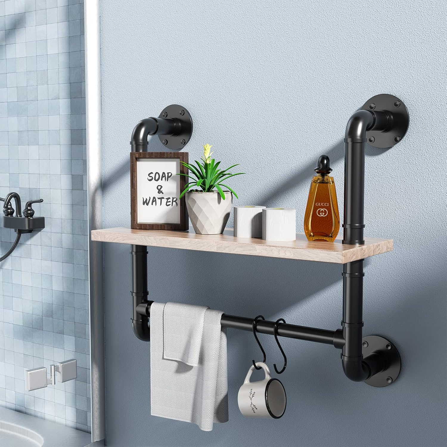 Buy Bathroom Shelves Industrial Style Rustic Pipe Wall Mounted Floating Shelf with Towel Bar for