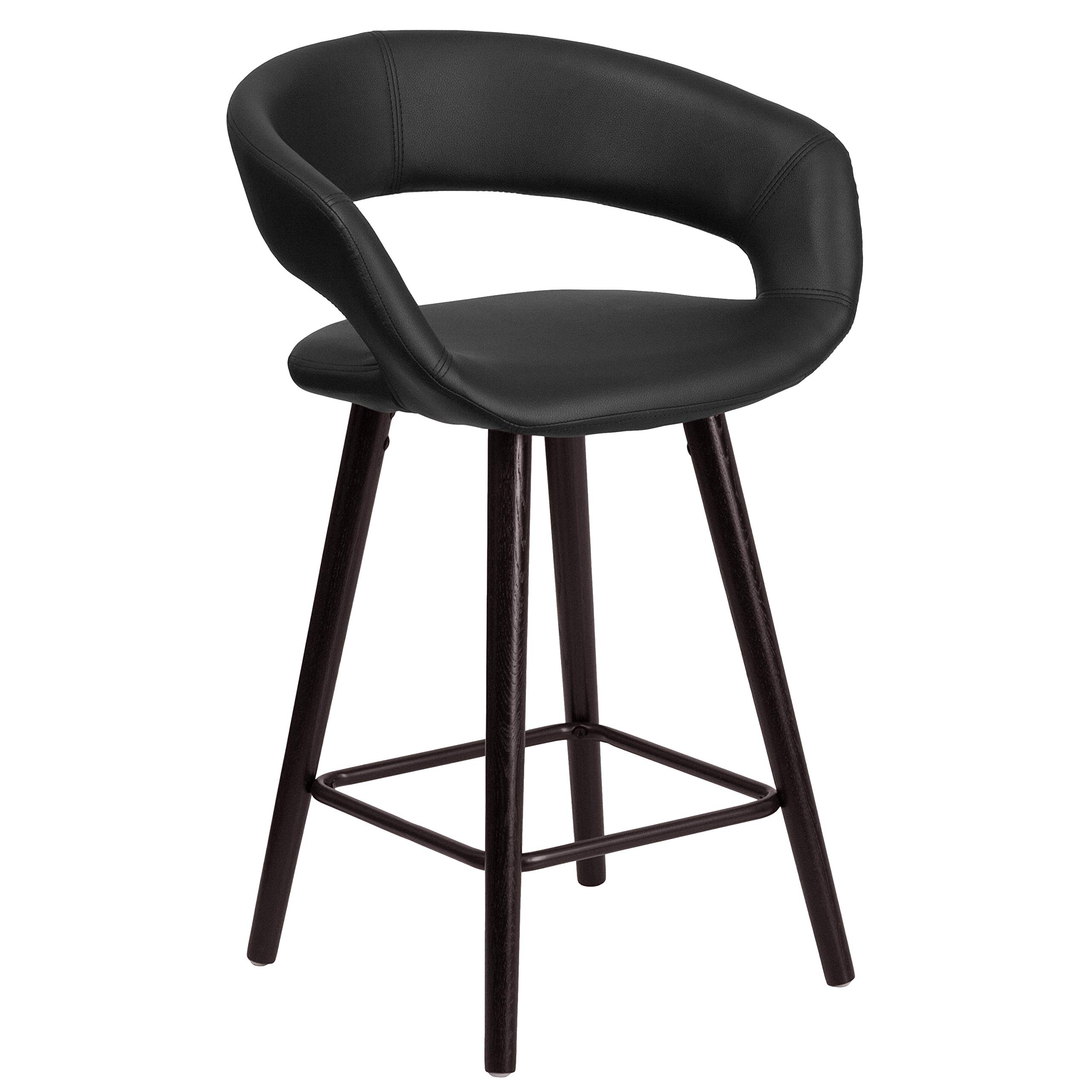 EMMA + OLIVER 24" H Cappuccino Wood Rounded Open Back Counter Stool - Black Vinyl