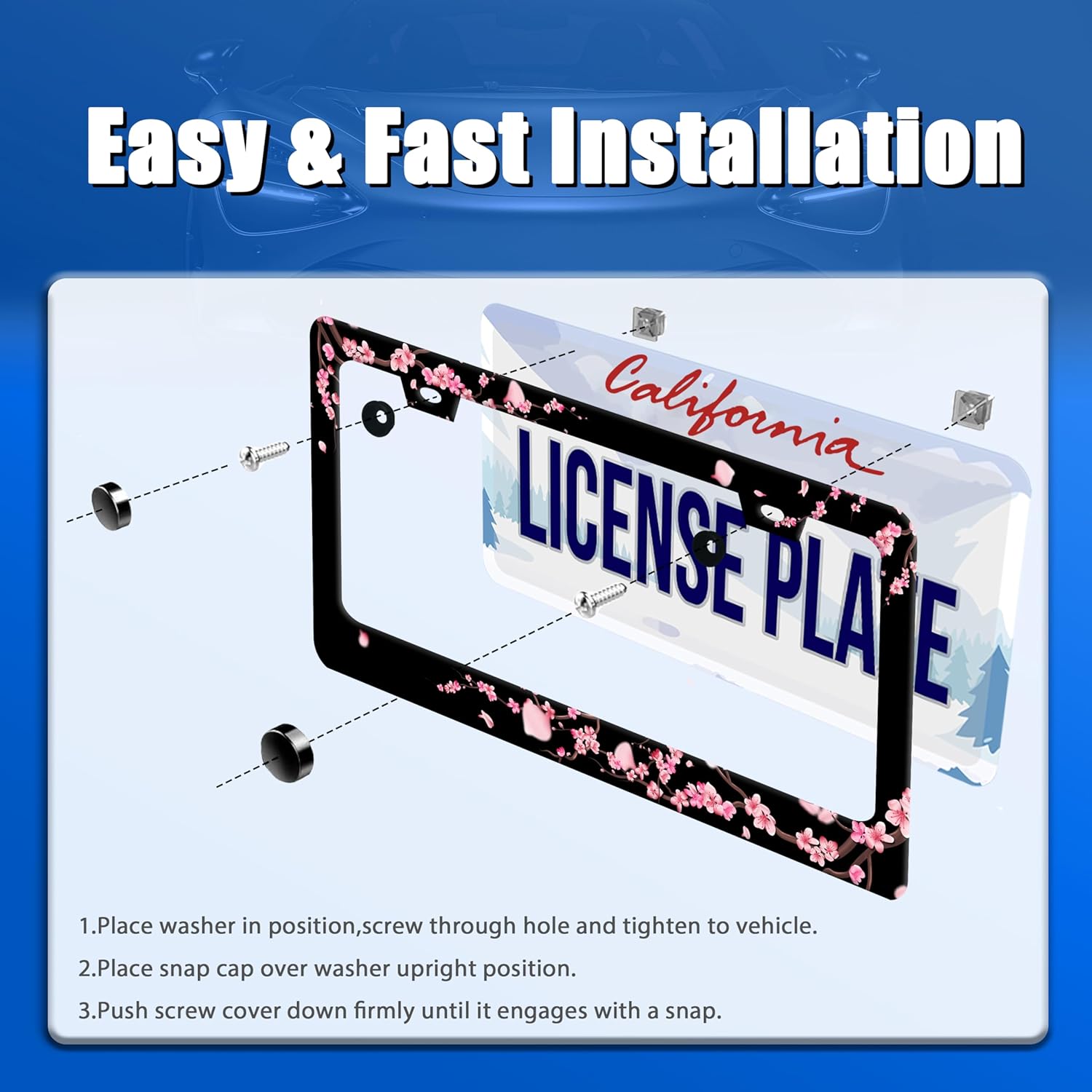 2pcs Cherry Blossom License Plate Frame Beautiful Flowers Pink License Plate Frames Colorful Auto Accessory Bracket Stainless Steel License Plate for Women Men 6 x12 Inch