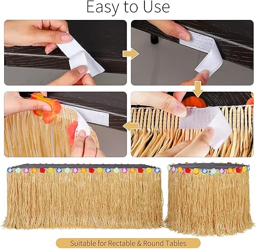 Miniatura 4 de Aneco 4 faldas de mesa de césped Luau de 9 pies x 30 pulgadas con cadena de luz LED, falda de mesa hawaiana iluminada, falda de hierba iluminada,