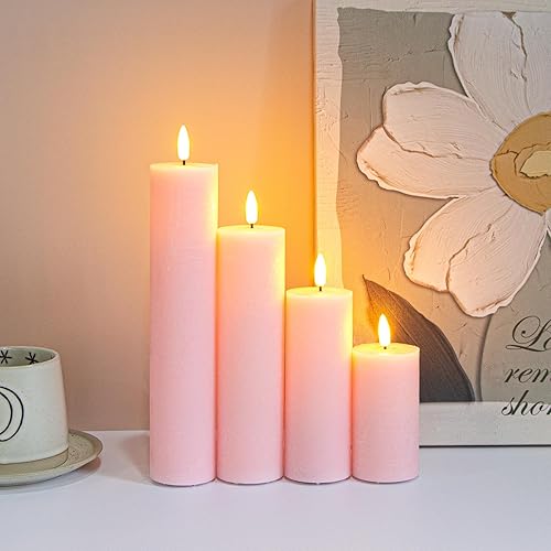 Miniatura 6 de Vtobay Velas de pilar sin llama parpadeantes con control remoto y temporizador de ciclo, rosa Juego de 4 velas eléctricas falsas de 3D-Mecha alta