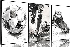 3Pcs Soccer Wall Art Posters - Black and White Football Decor Prints for Sports-Themed Room