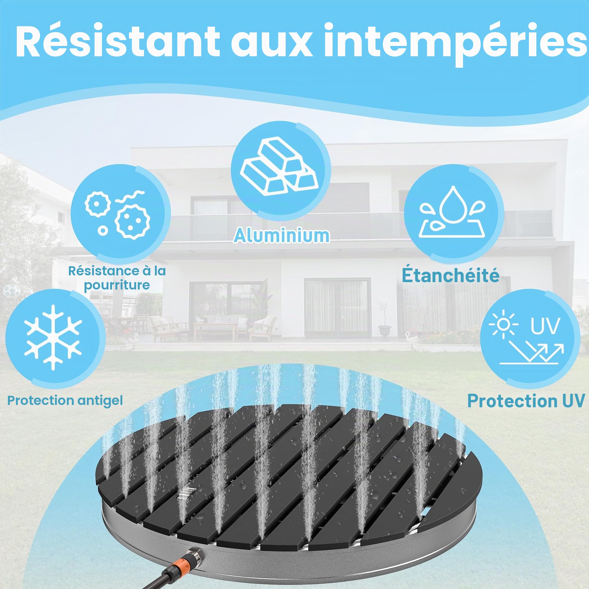 UISEBRT Douche de jardin en WPC et aluminium - Douche au sol mobile Douche solaire Douche de camping - Hauteur de jet jusqu'à 4m réglable - pour piscine Jardin Terrasse (Rond - Anthracite)