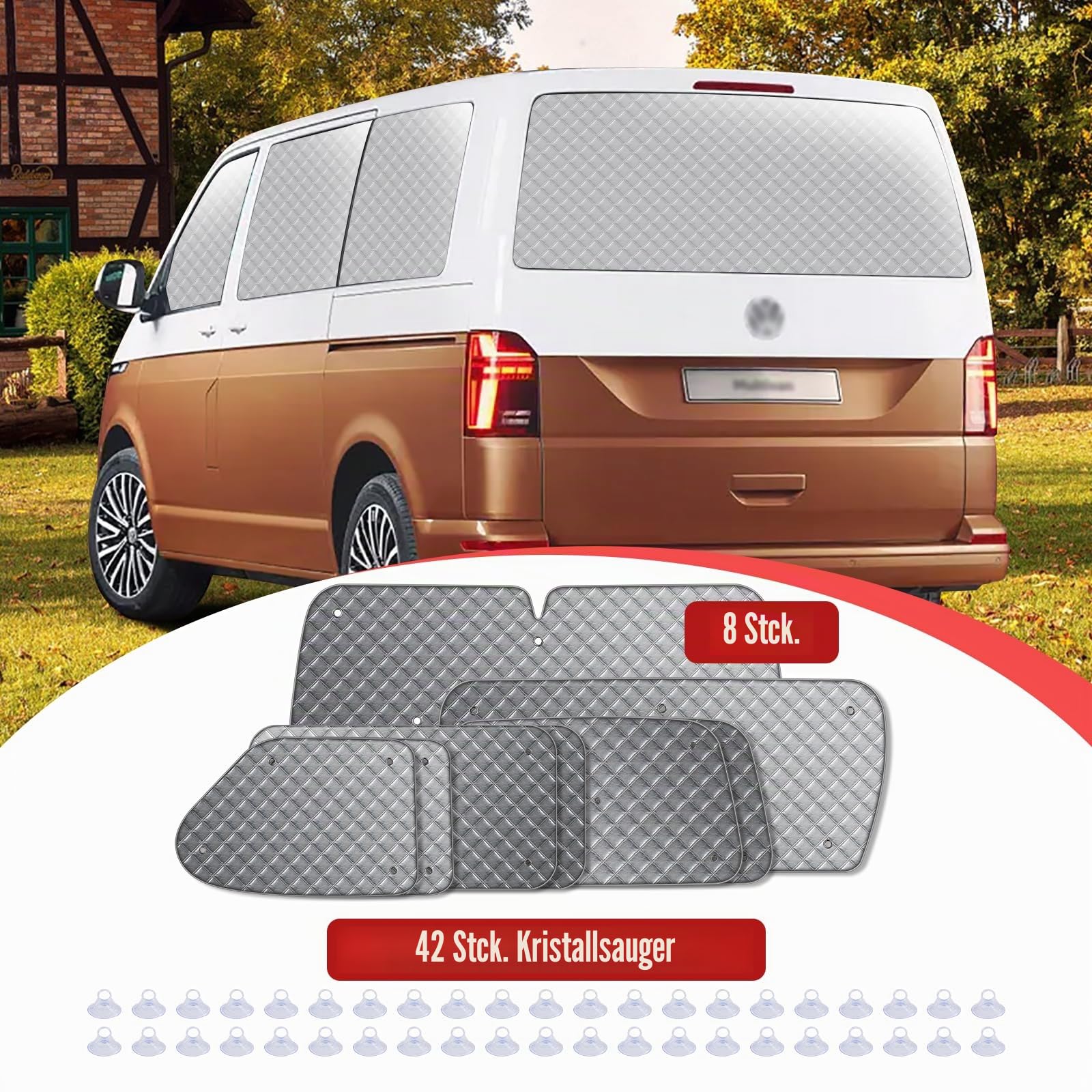 Set mit 8 thermischen Innenrollos für VW T4 SWB, Luxus-Sonnenblenden-Abdeckungs-Kit, UV-Rollo für den Sommer und Winterisolierungsabdeckung, Frontfenster-Bildschirmabdeckungen
