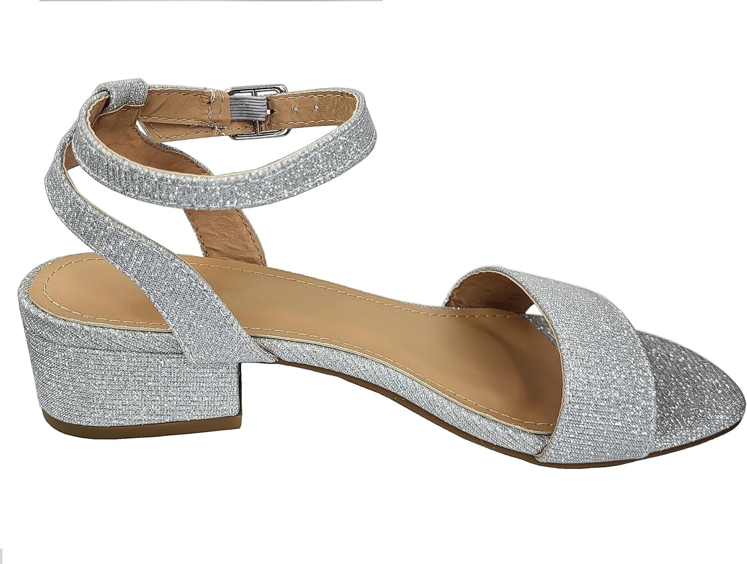TruFox 1 Inch Low Heel Sandals for Women Dressy Short Black Heels Silver Dress Sandals Strappy Comfortable Sandal for Teen Girls Open Toe Ankle Strap