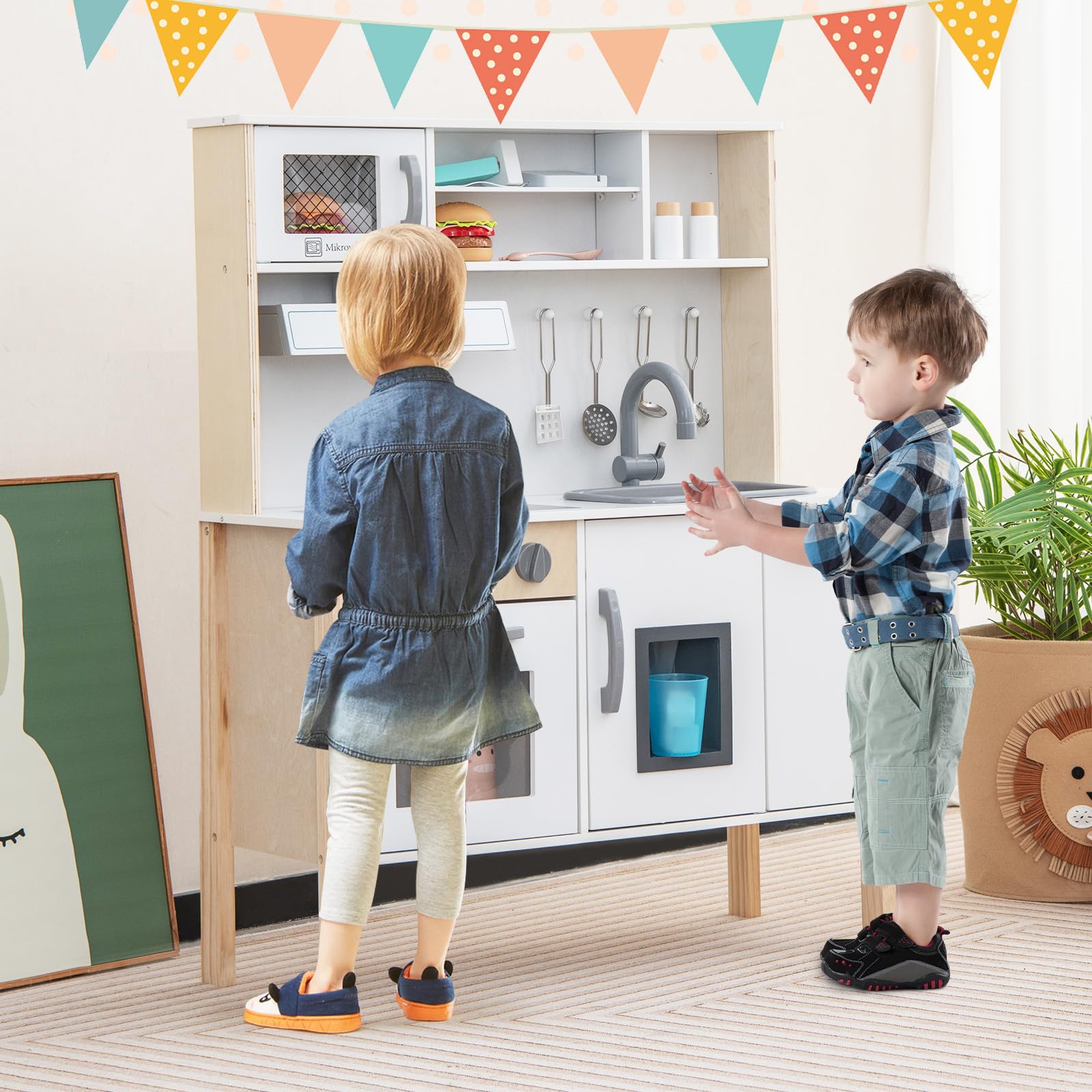 COSTWAY Cocina de Juguete para Niños, Cocinita Infantil de Madera con Microondas, Campana Extractora, Estufas, Fregadero de Juguete, Horno, Fabricador de Hielo y 18 Accesorios (Blanco)