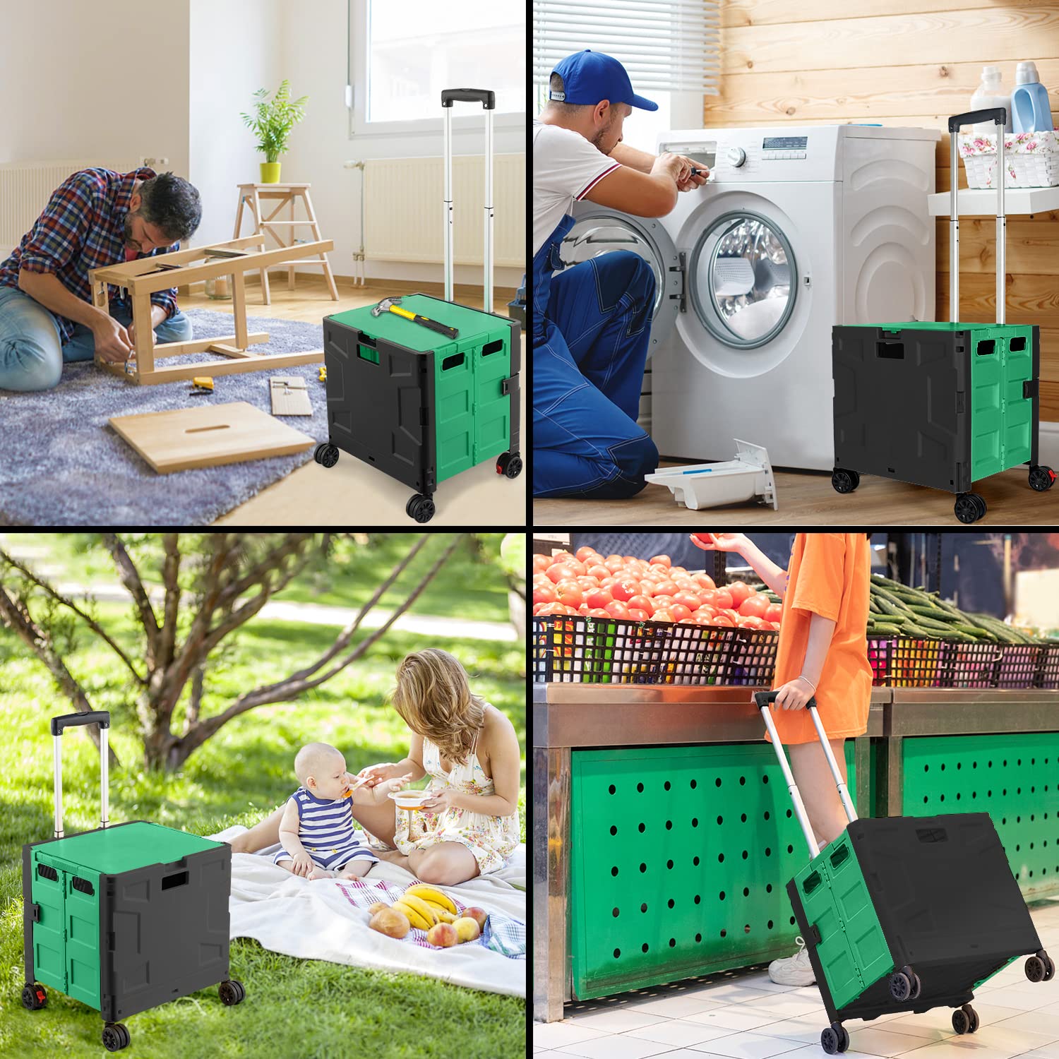 Pieghevole trolley spesa su 4 ruote, Carrello Portaoggetti con Manico Telescopico Regolabile, Cestino Spesa Portatile Resistente da 50 kg con Coperchio per Spesa/Campeggio - Verde/Nero