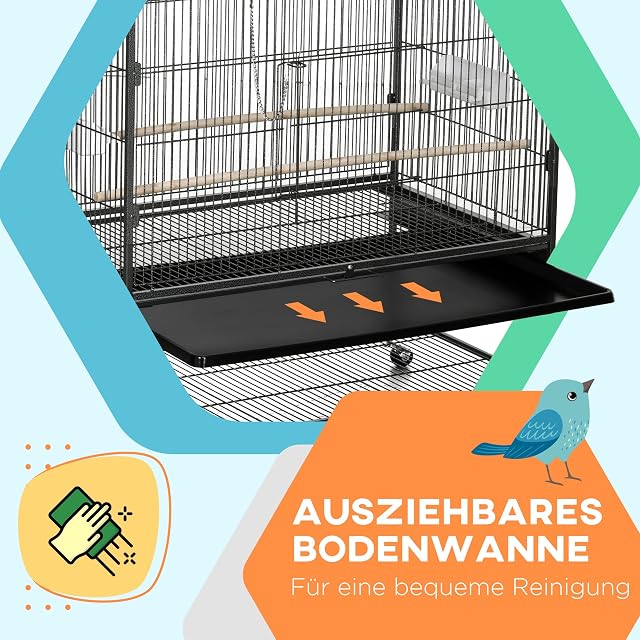 Foto 4 de 8 de PawHut Jaula para pájaros pequeños con 2 Puertas Ruedas 94x57x153 cm Gris