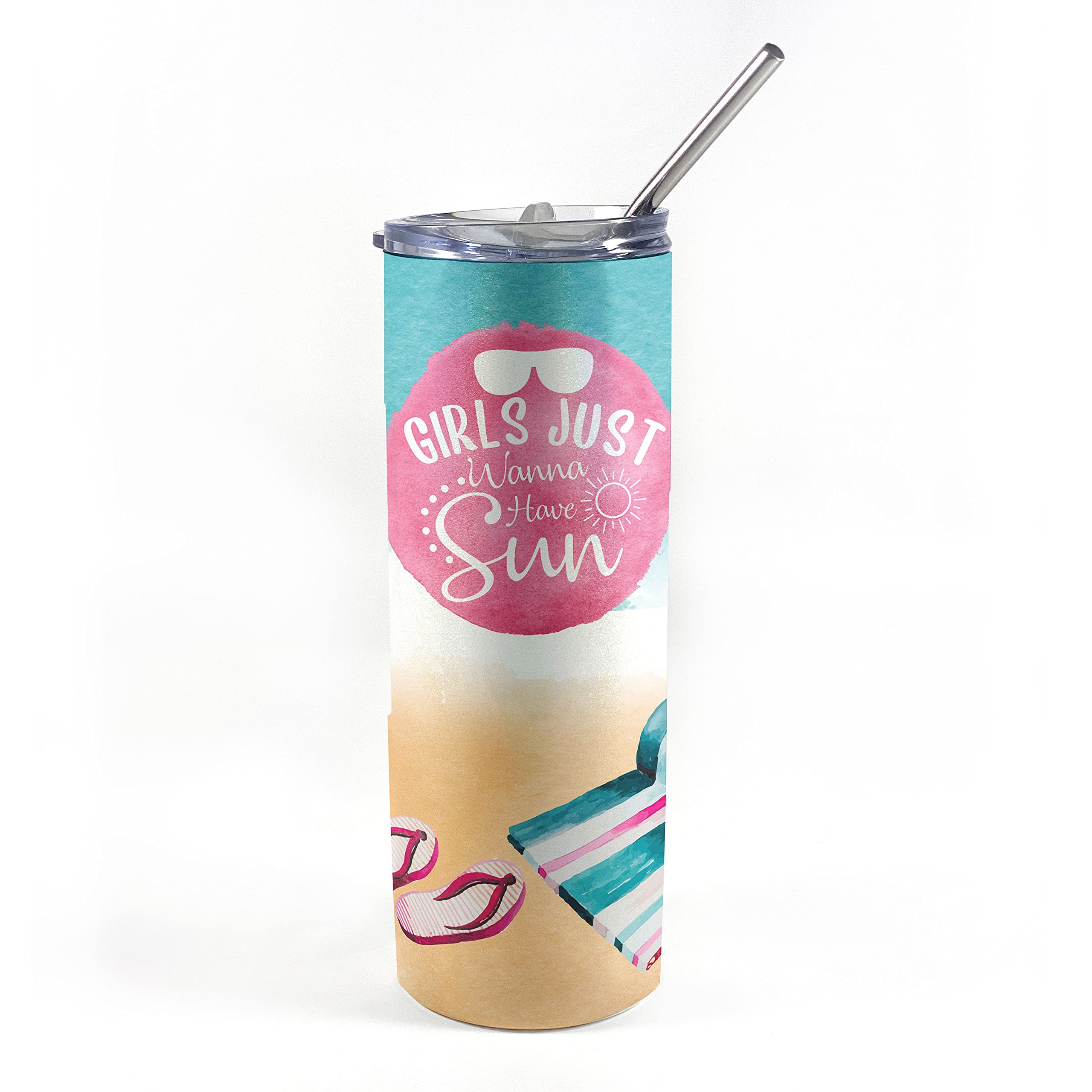 Girls Just Wanna Have Sun – Drinkware – One 20 oz Iridescent Stainless Steel Travel Tumbler with Straw – Double Wall Vacuum Insulation – Cold For Up