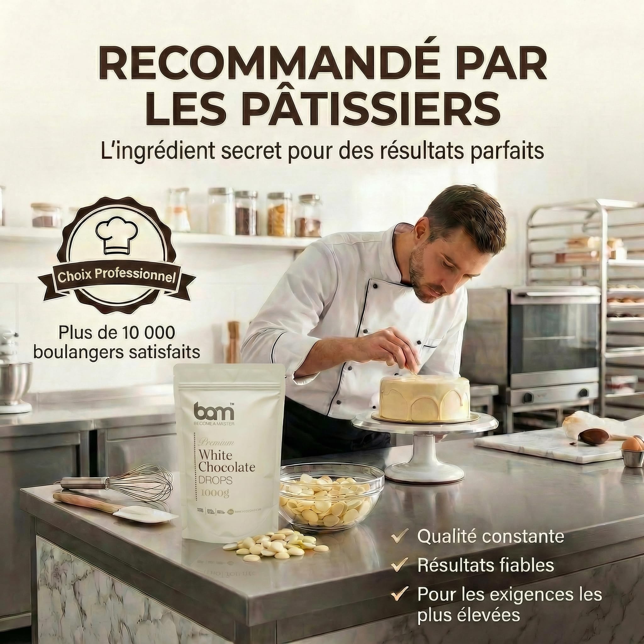 BAM Pépites de Chocolat Blanc – Chocolat Pâtissier pour Desserts, Ganaches, Crèmes et Fruits – Chocolat de Couverture de Qualité – 1kg