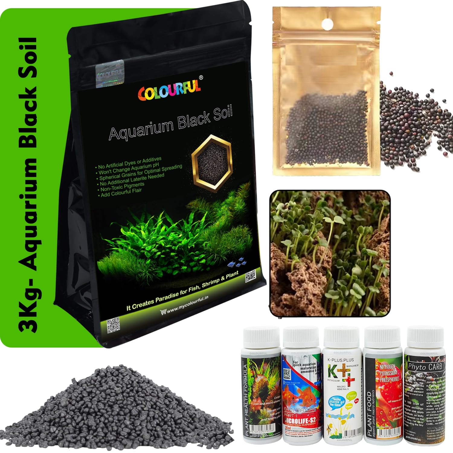 COLOURFUL - Planted Aquarium Black Soil Substrate Aqua Soil for Fish Tank | Live Planted Aquarium | Seeds and Plant Fertilizers (3Kg Soil + Heart Plant Seeds + 5 in1 Plant Fertilizers Medicine) (B0D6YZ4BCQ) Amazon Price History, Amazon Price Tracker