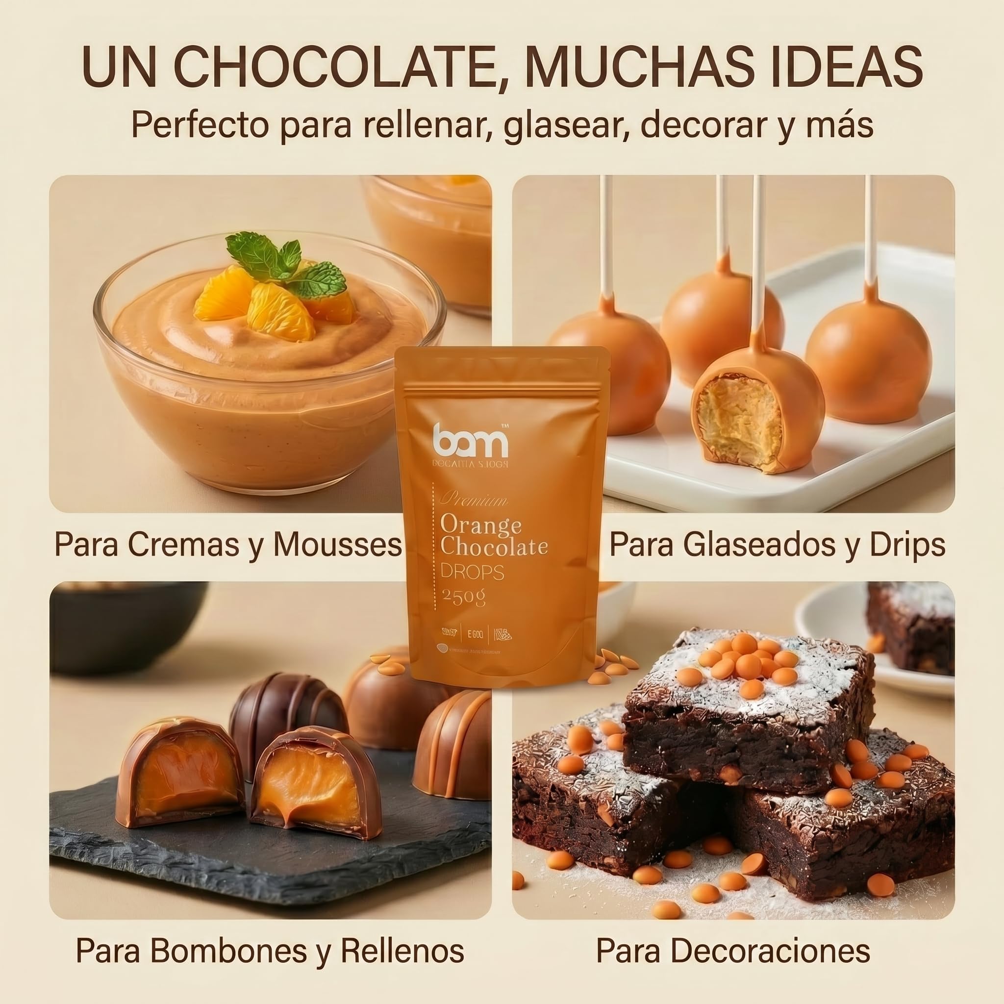BAM Gotas de Chocolate Naranja 250 g Callets Chips para fundir repostería