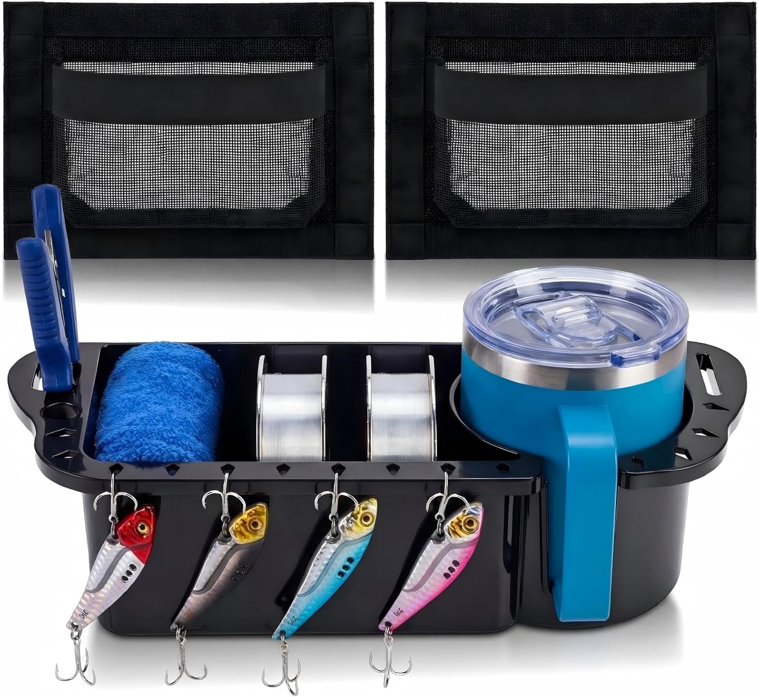 Zhehao 3 Piece Boat Organizer Set 2 Mesh Storage Bags 1 Boat Cup Holder Multifunctional Caddy Organizer, Waterproof Marine Fishing Accessories for Bass, Kayak, Pontoon