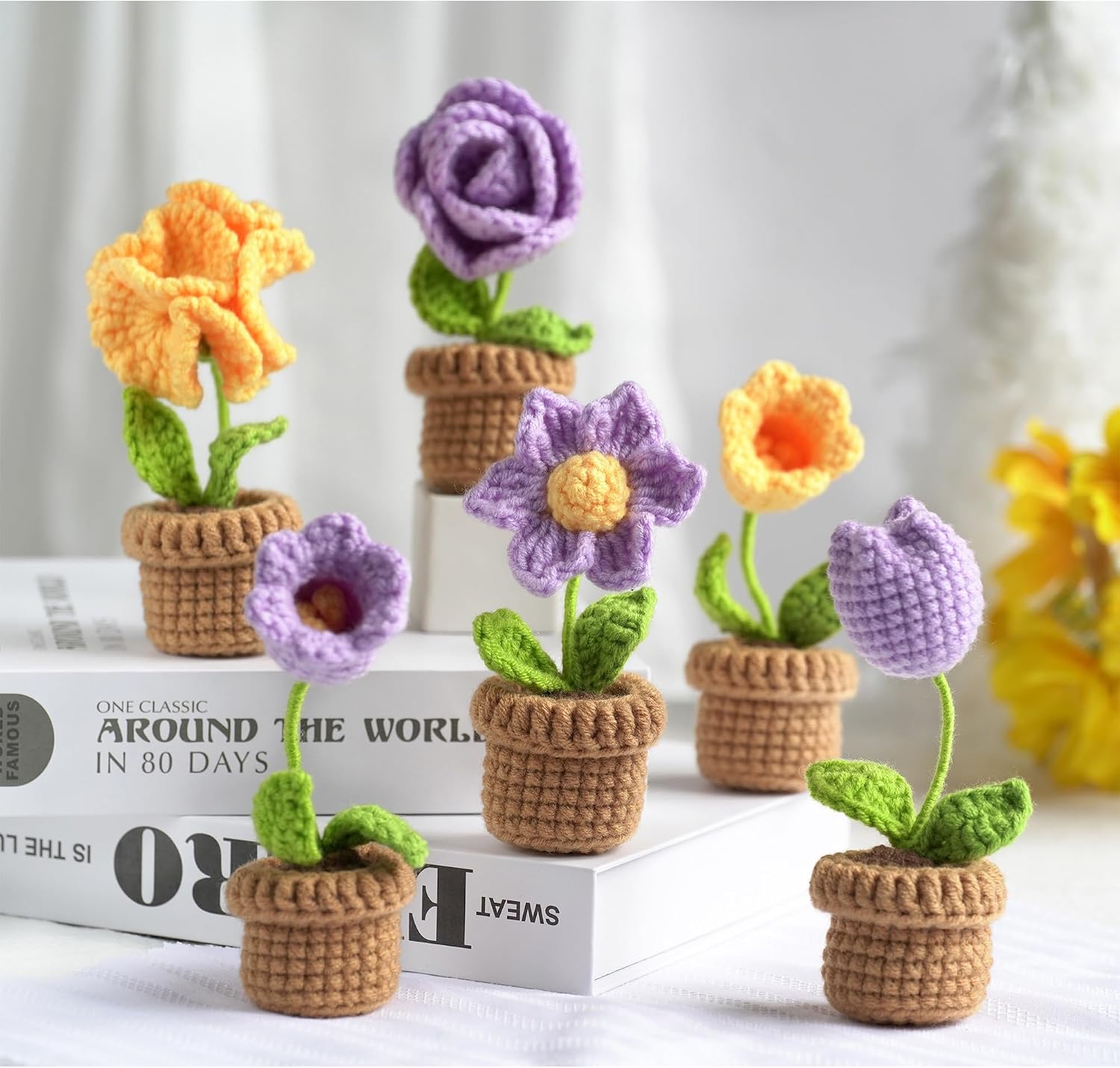 Howie's Needepoint Crochet Kits, 6pcs Crochet Kit for Beginners Adults with Step-by-Step Instructions and Video Tutorials, Amigurumi Crochet Kits (6 pcs Purple Bonsai)