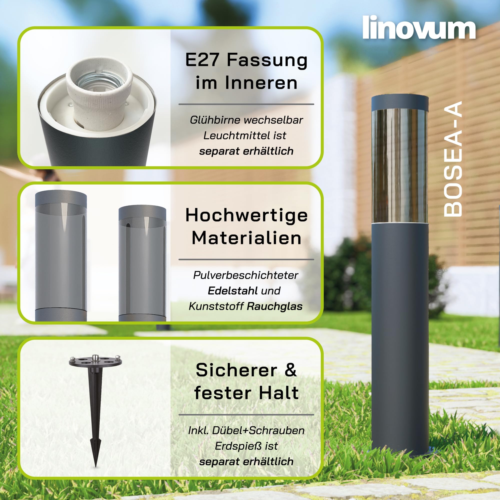 BOSEA-A 4 Stück Außenleuchten Garten stehend E27 Fassung Höhe 50 cm Edelstahl Smoky Kunststoff Glas Sockelleuchten