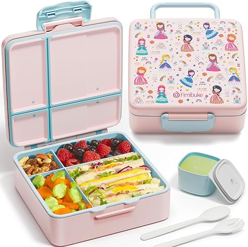 Fimibuke Lonchera Bento para niños, a prueba de fugas, con 4 compartimentos, sin BPA, apta para lavavajillas, con utensilios, tamaños de porciones