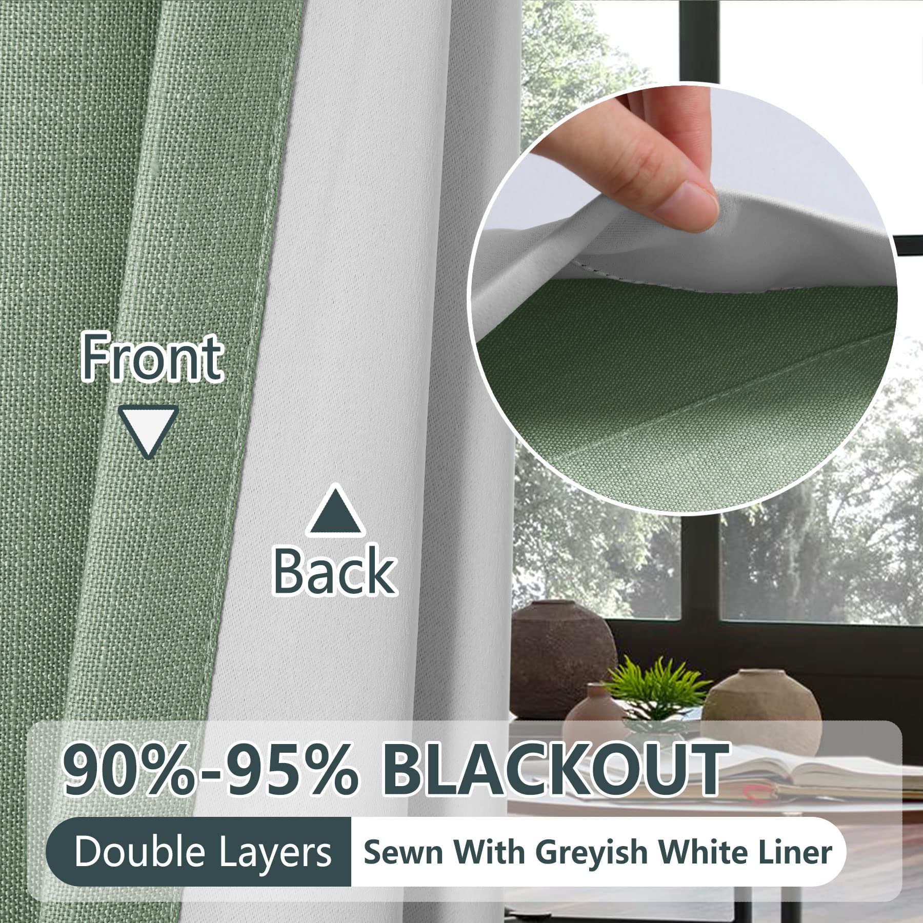 Celadon - Cortinas opacas de lino de 50 x 96 pulgadas para sala de estar y dormitorio, cortinas con aislamiento térmico y ojales en la parte superior, elegante forro doble, 1 panel, diseño de