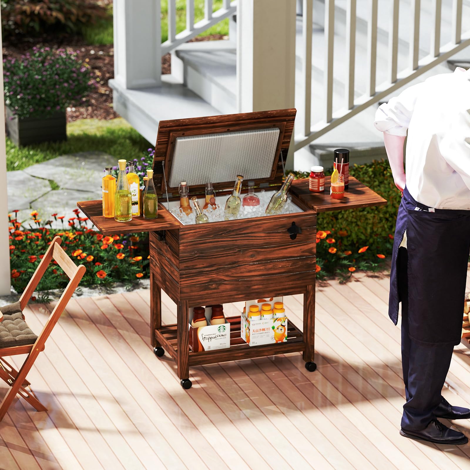 GYMAX Carrito Nevera Rodante de Madera, Enfriador Portátil 51L con 2 Mesas Plegables, Abrebotellas Integrado, Ruedas Bloqueables, para Patio, Piscina, Jardín, Barbacoa, Fiestas, Exterior, Camping