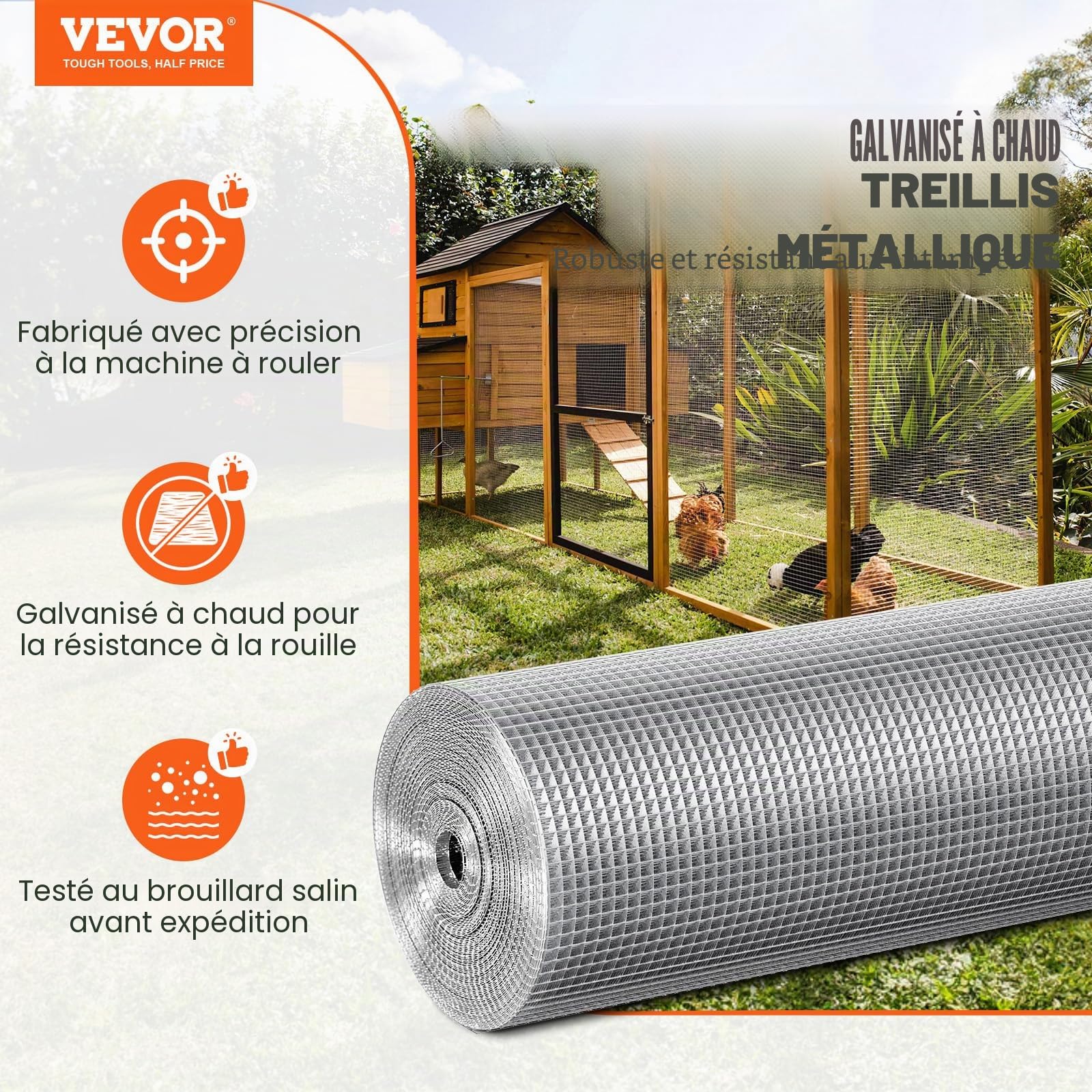 VEVOR Grillage métallique soudé 915mm x 15,24m mrouleau treillis métallique galvanisé à chaud maillage 6,35 x 6,35 mm clôture en fil de poule calibre 23 pour cages à lapins, jardin, petits rongeurs