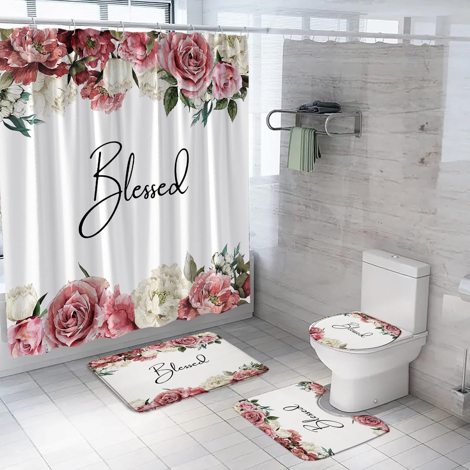4 Piece Burgundy Red Floral Shower Curtain Sets with Rugs,Toilet Lid Cover and Bath Mat,Retro Watercolor Flowers Rose Elegant Blessed Inspirational Quote Bathroom Shower Curtain Set with Hooks