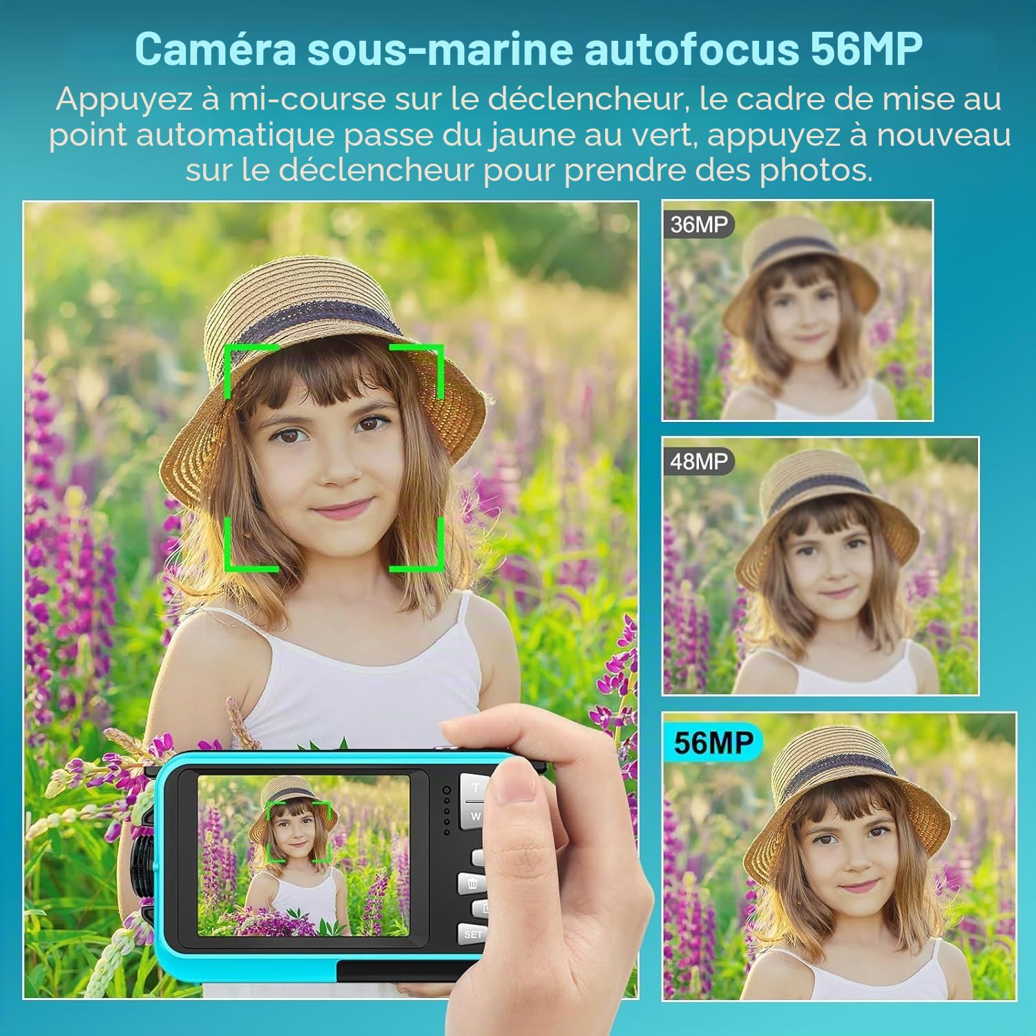 Appareil photo numérique sous-marin 4K 3,3 m étanche avec carte de 32 Go 56 MP Autofocus double écran Selfie pour la plongée avec tuba