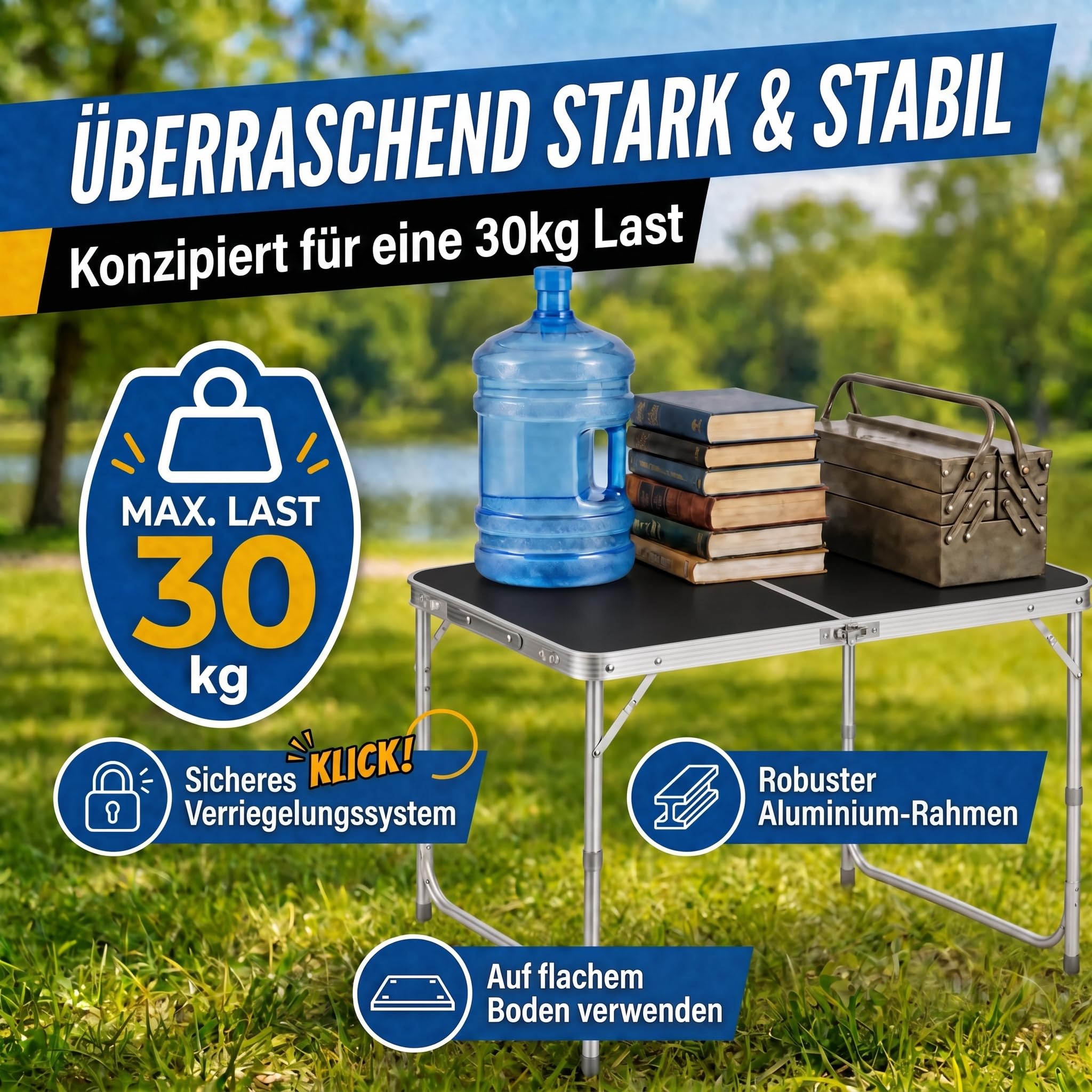 Klappbarer Multifunktionstisch Mehrzwecktisch Campingtisch Klapptisch Markttisch höhenverstellbarer Tapeziertisch Beistelltisch zum Campen im Garten für Festivalls Märkte (Schwarz: 120 x 60 cm)