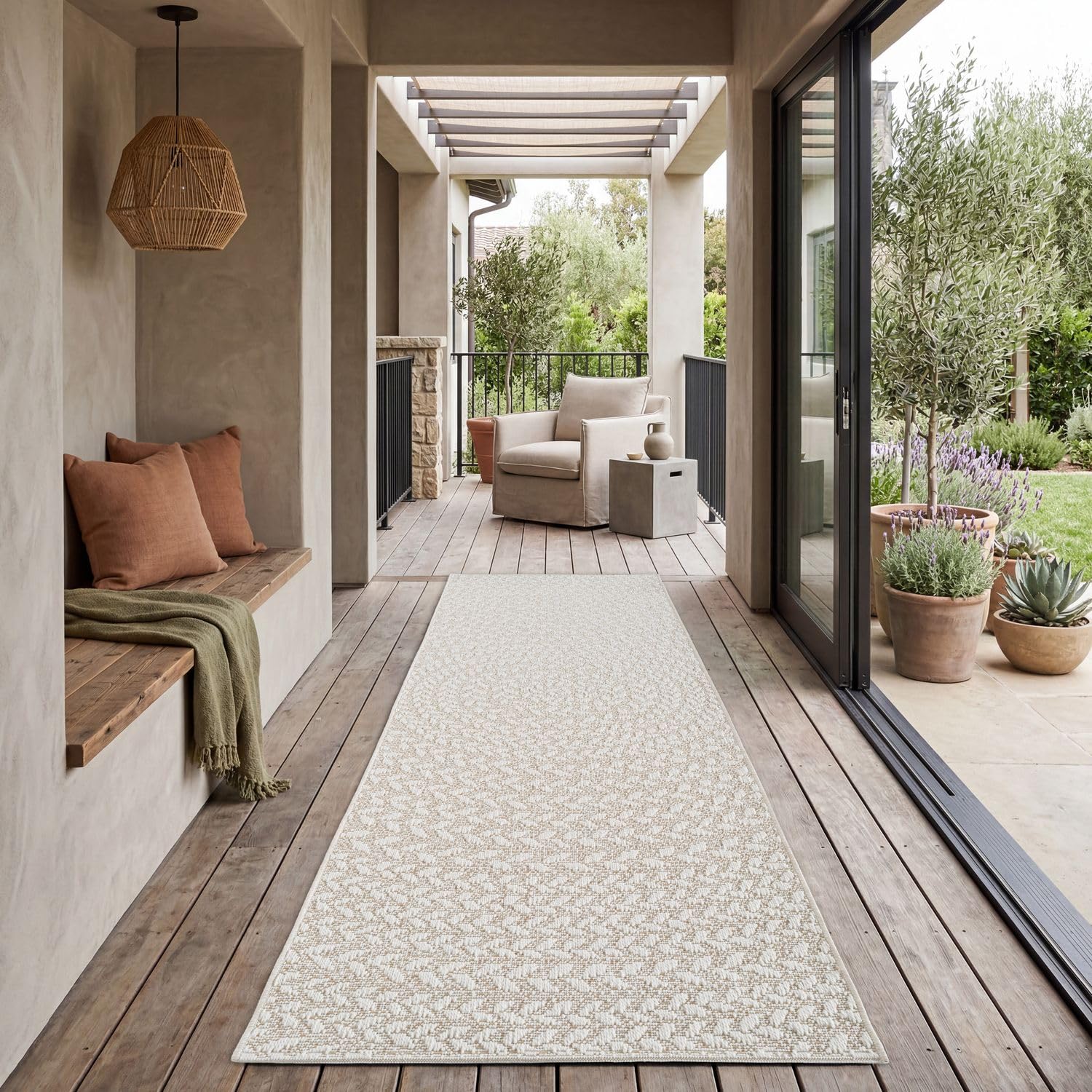 TT Home Tappeto Da Esterno Impermeabile Giardino Camera Da Letto Corridoio Aspetto Naturale Di Sisal Design Geometrico Boho, Dimensione:80x250 cm