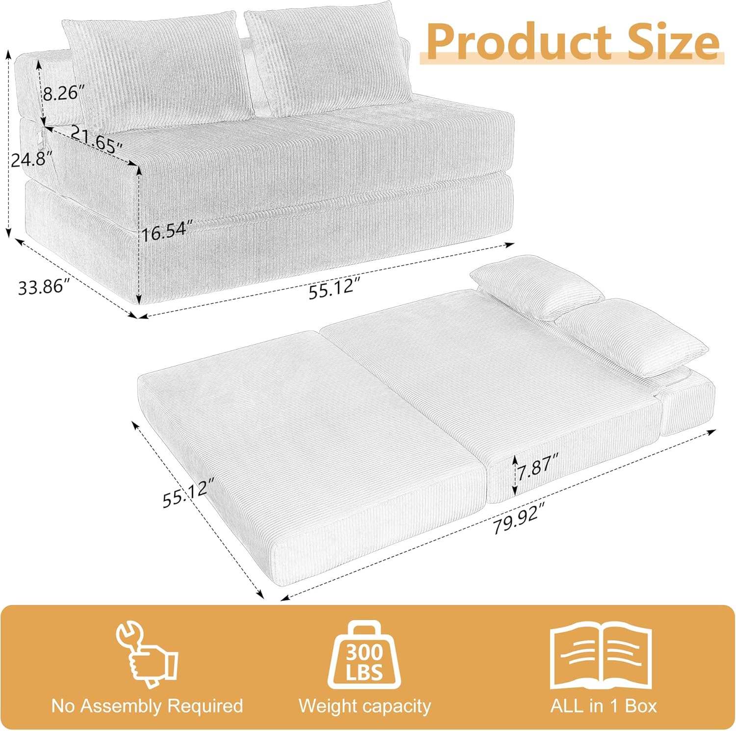 Folding Sofa Bed Full Size, Convertible Sleeper Loveseat with 2 Pillows, Corduroy Foldable Couch Bed Boneless Loveseat Couch for Living Room, Apartment, Small Spaces (Black)