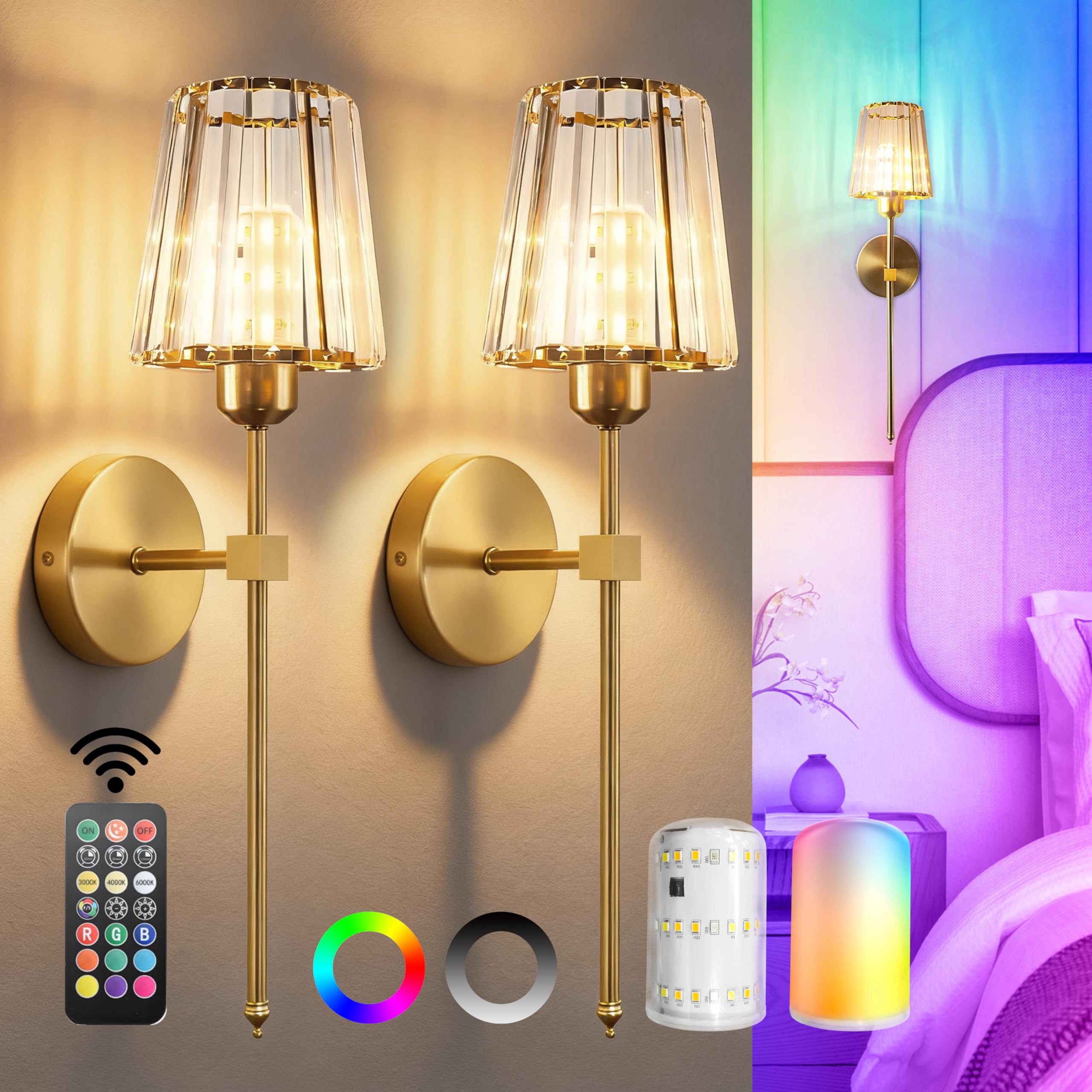 Photo 1 of ***COLOR IS GOLD*** FNHMSL Battery Operated Crystal Wall Sconces Set of Two, Black Wireless Wall Lamp with Crystal Shades, Rechargeable LED Bulbs, 12-Colors Dimmable, Remote for Bedroom, Living Room, Bulbs Included