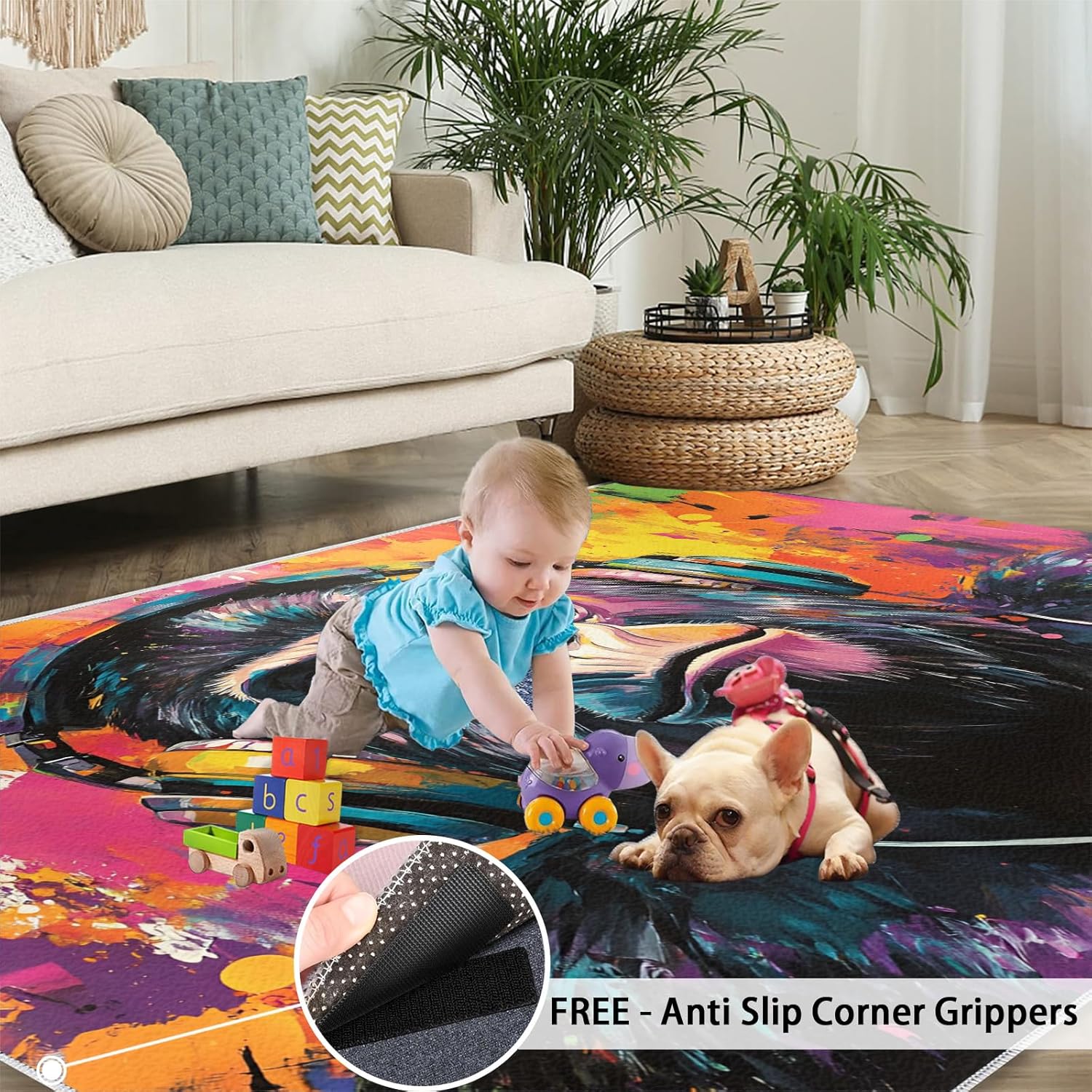 Fun Gorilla Area Rug 2x3 Washable Rug Colorful Graffiti Animals Rugs for Living Room Fashion Monkey Non Slip Carpet Floral Print Mat Bedroom Bathroom
