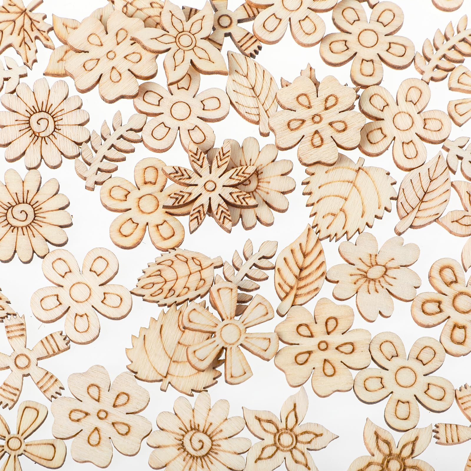 100 Pack Wooden Flower Cutouts for Crafts, Wood Spring Ornaments to Paint Unfinished Blank Flowers Leaf Pieces Pattern Small Wood Embellishments for Home School DIY Craft Decoration (7 Styles)
