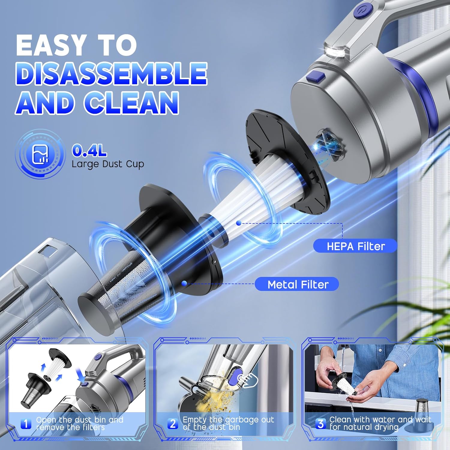 Gxzsk Handheld Vacuum Cordless, 16000PA Strong Suction Hand Held Car Vacuum Cleaner, Portable Hand Vacuum Rechargeable with Multi-Nozzles & LED Light for Home, Car, Office, Pets