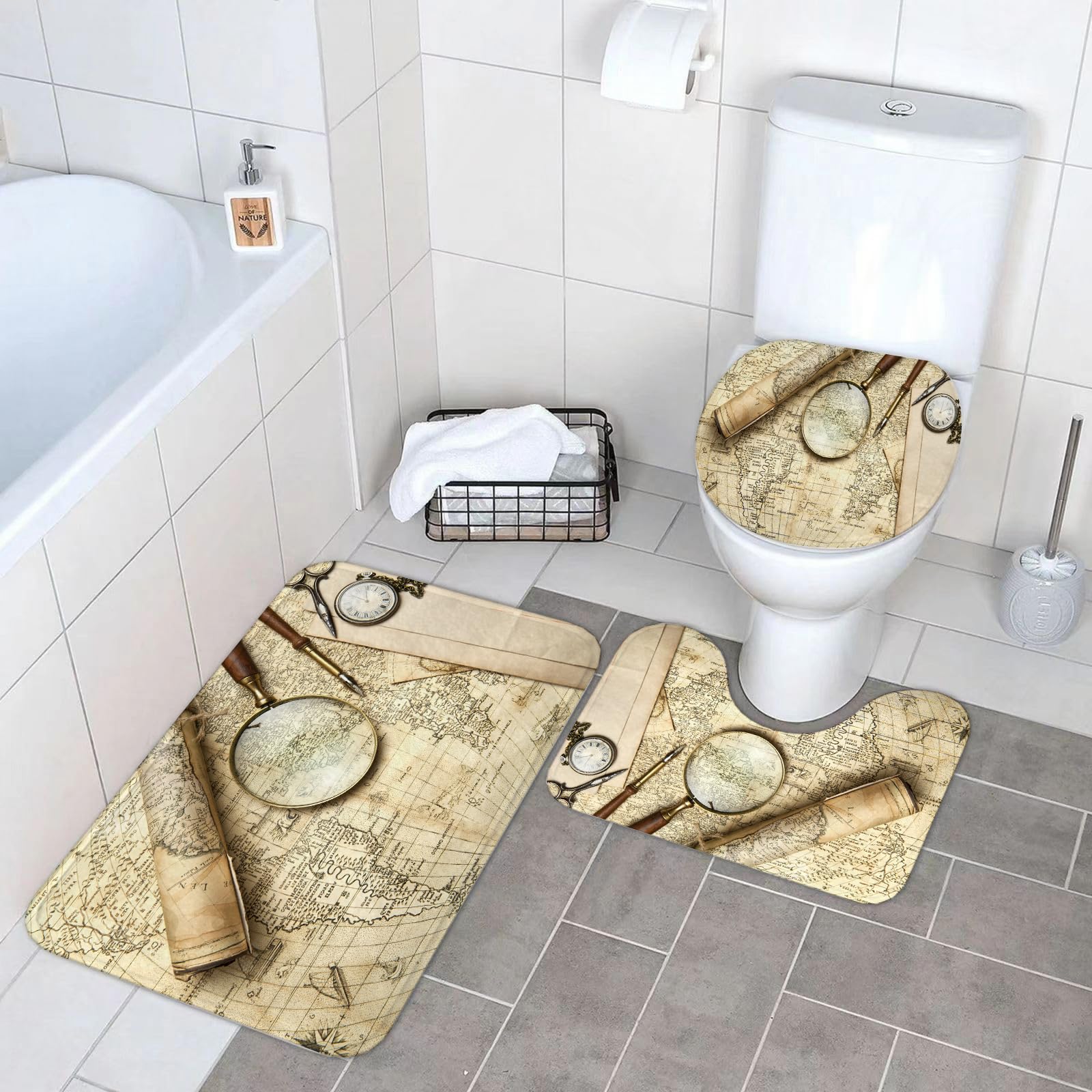 Set di 3 tappetini da Bagno, Lavabili in Lavatrice e Antiscivolo, in Morbida Fibra Superfine, con Mappa del Mondo Vintage e Oggetti retrò.