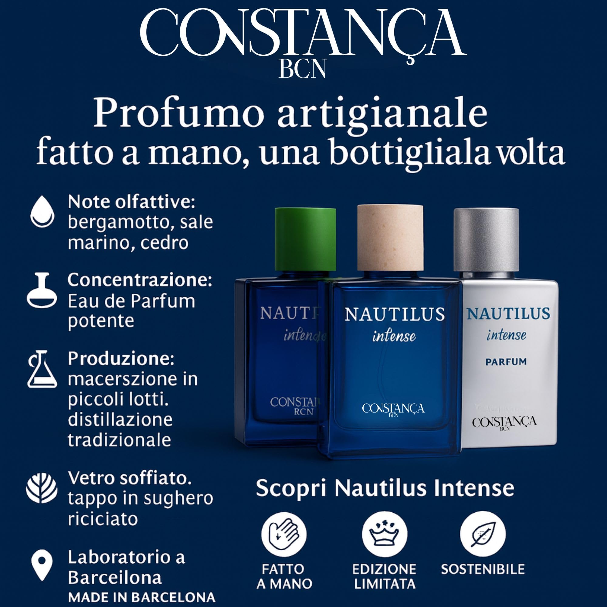CONSTANÇA BCN NAUTILUS INTENSE Profumo Uomo Artigianale 100 ml Eau de Parfum Natural Spray con Note Marine e Ozoniche Lunga Durata Con Ambra e Muschio