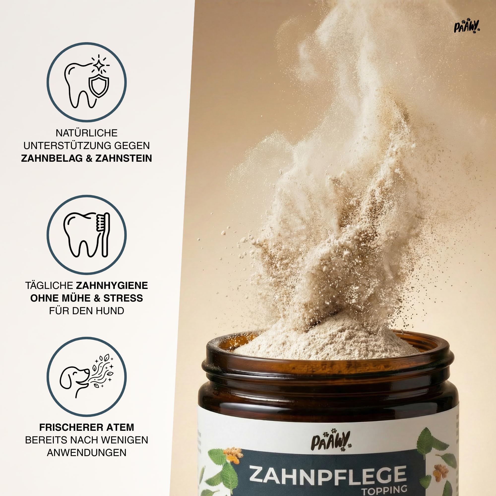Dental Pulver für Hunde - 9-in-1 Wirkstoff-Komplex Made in Germany - Zahnsteinentferner & Anti-Mundgeruch Futtertopping - einfache Zahnpflege beim Hund - Zahnputzflocken für tägliche Reinigung