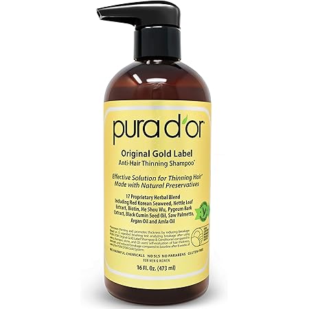 PURA D'OR Original Gold Label Anti-Thinning Biotin Shampoo (16oz) w/ Argan Oil, Nettle Extract, Saw Palmetto, Red Seaweed, 17+ DHT Herbal Actives, No Sulfates, Natural Preservatives, For Men & Women