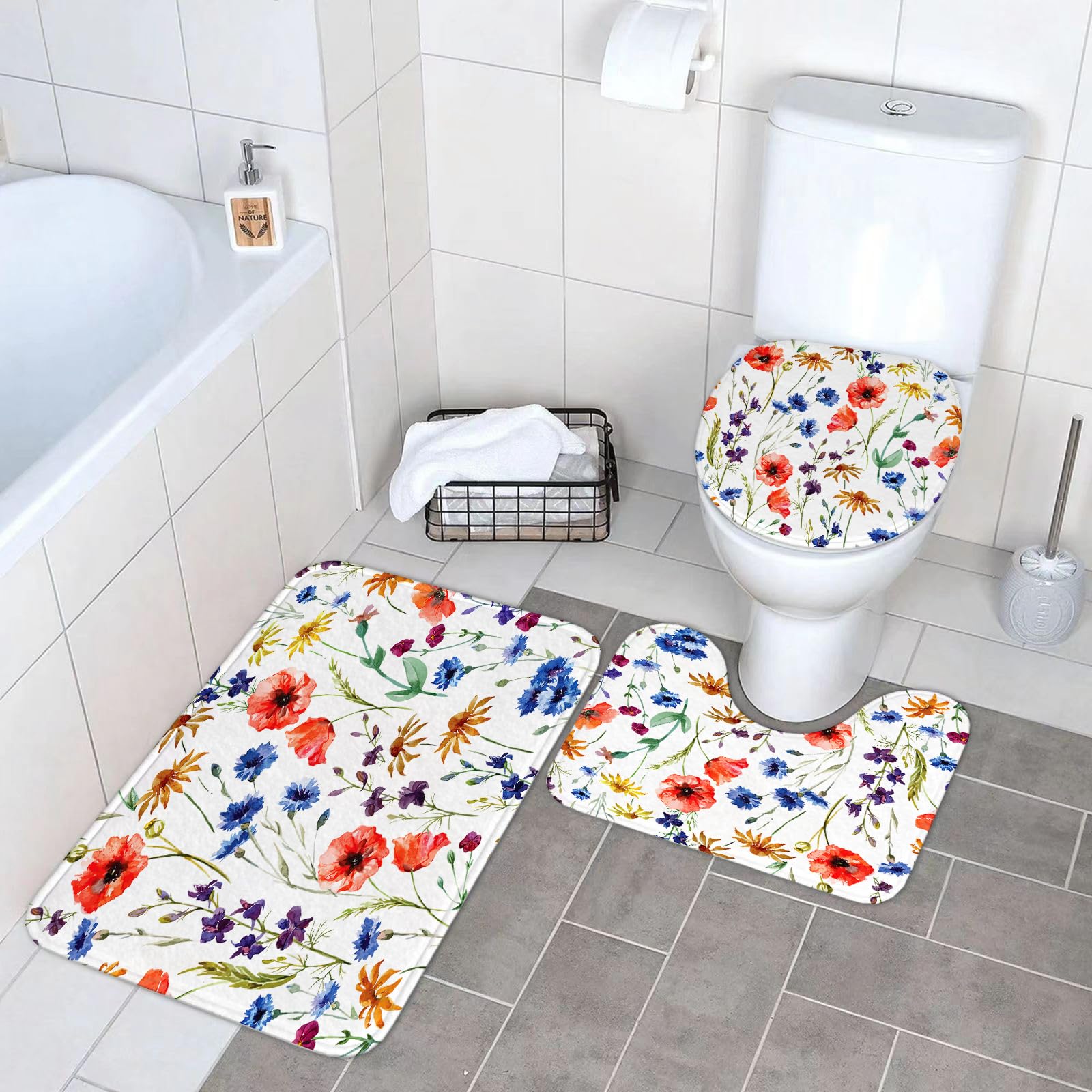 Set di 3 tappetini da Bagno, Lavabili in Lavatrice e Antiscivolo, in Morbida Fibra Superfine, con Motivo Floreale Senza Cuciture.