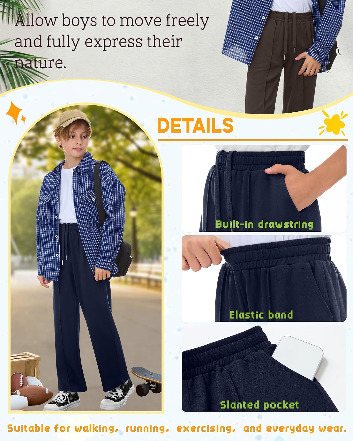 3 Pack Boys' Baggy Sweatpants Wide Leg Open Bottom Pants Kids Athletic Drawstring Joggers with Pockets 5-14 Years