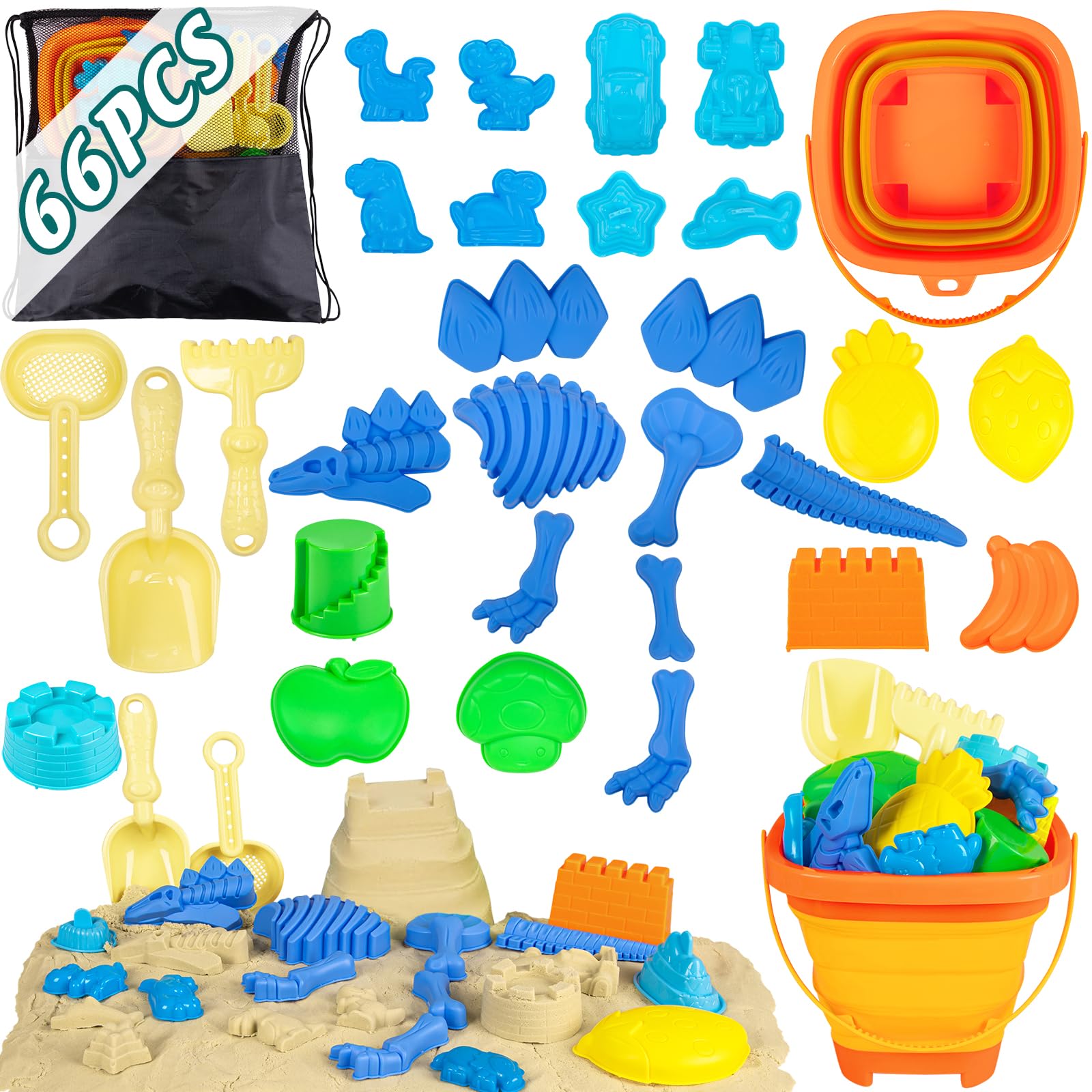66 juguetes de playa para niños, juego de dinosaurios de arena con bolsa de viaje, pala para niños pequeños de 3 a 5 años