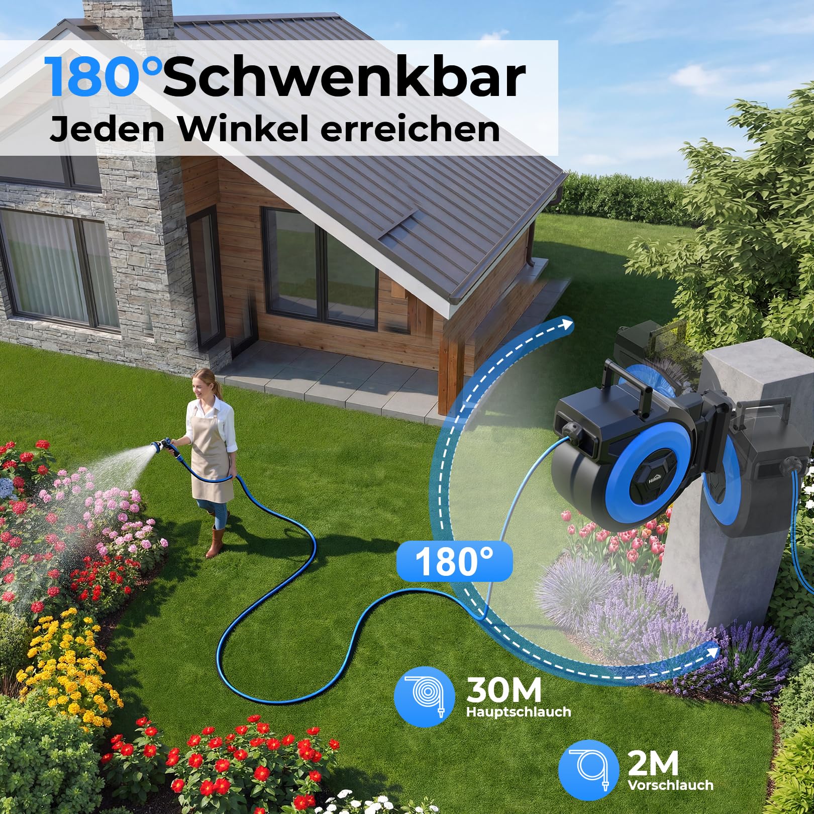 Himimi Schlauchtrommel 30m Wandmontage, Automatischer Gartenschlauch Aufroller mit 180° Schwenk & 10-Funktionen Spritzpistole, Schlauchbox für Wand, Auto-Rewind für Reinigung & Bewässerung