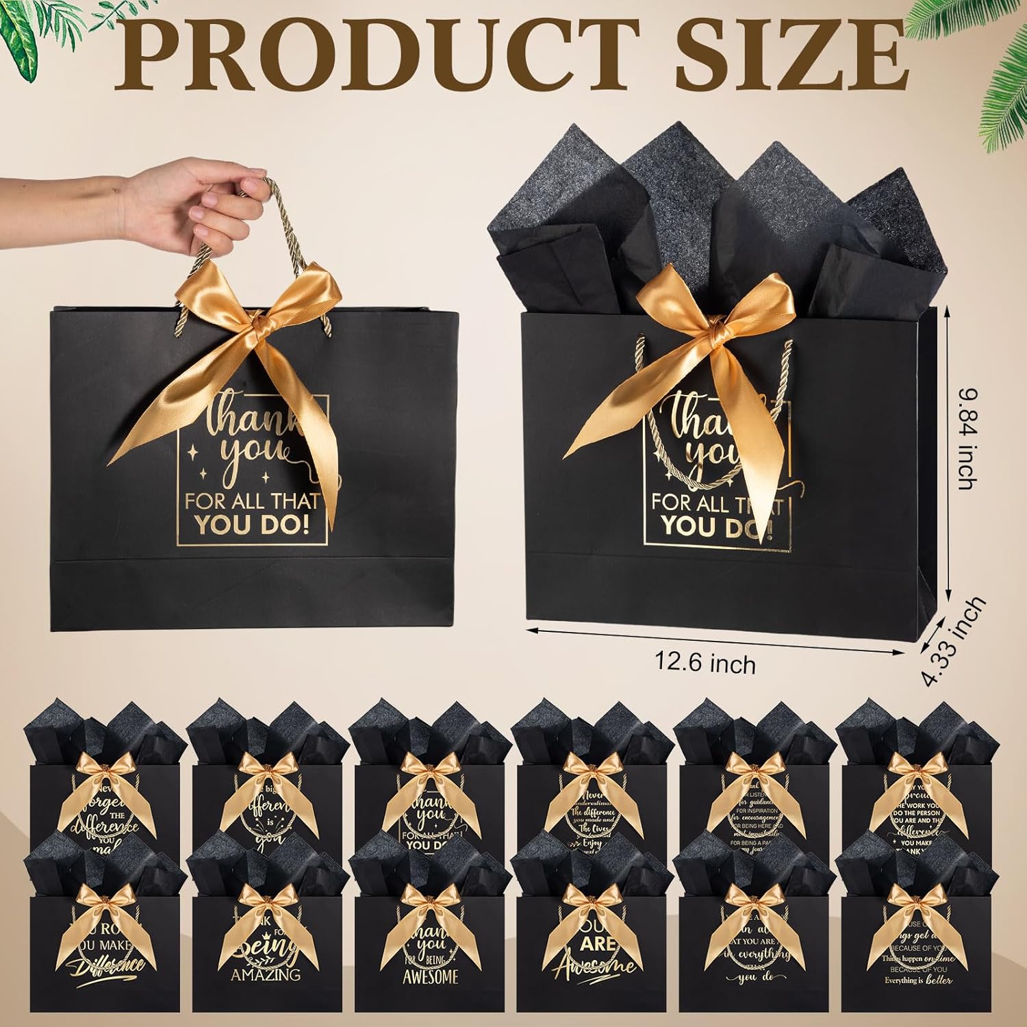 Kolldenn 12 Pcs Large Thank You Gift Bags with Handles Bow and Tissue Paper Bulk, 12.6 x 10 x 4.3 Inches Appreciation Gift Wrap Bags for Birthday Team(Black) - Image 2