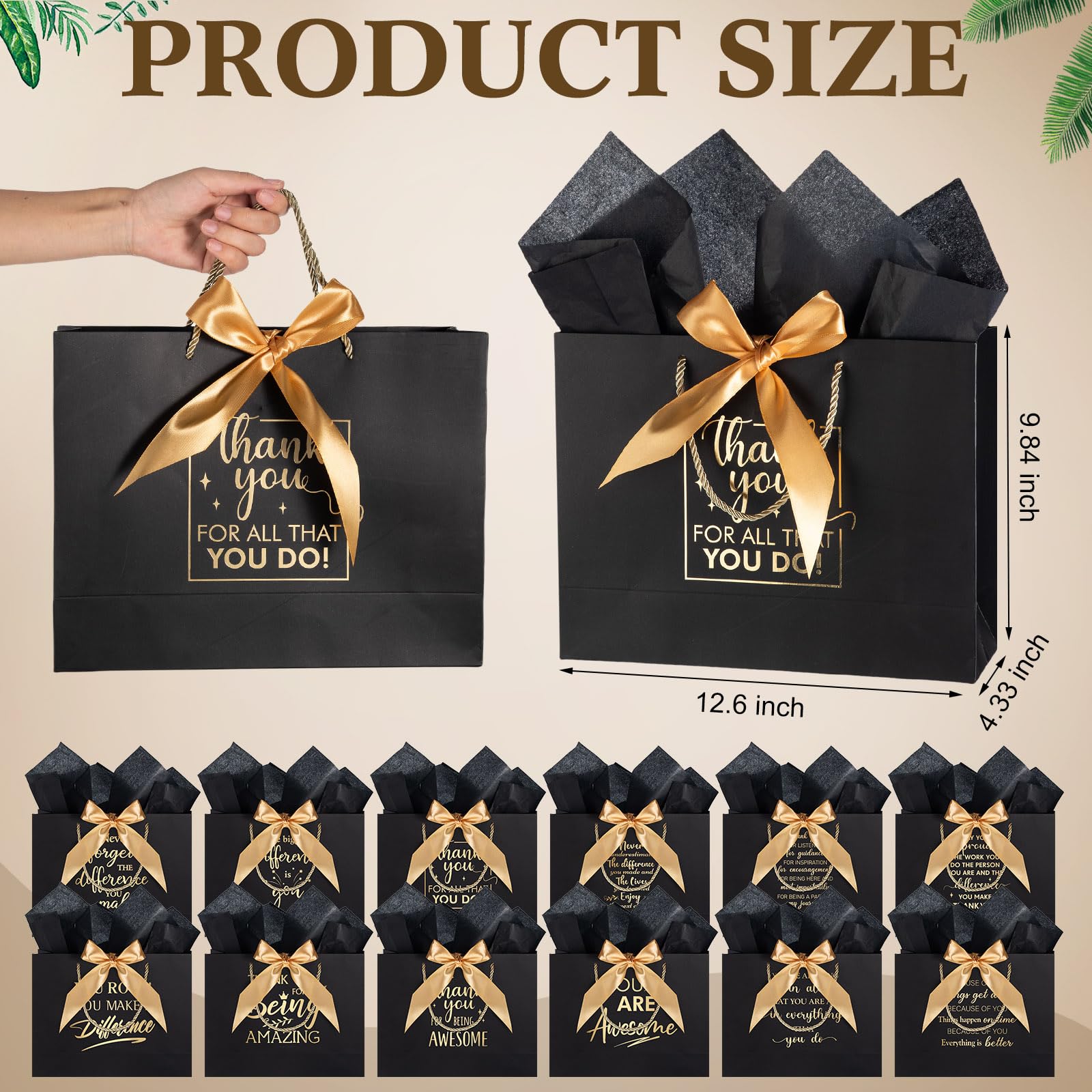 Kolldenn 12 Pcs Large Thank You Gift Bags with Handles Tissue Papers Bows 12.6 x 9.84 x 4.3 Inches Appreciation Bags for Teacher Volunteer Employee Coworker(Black)