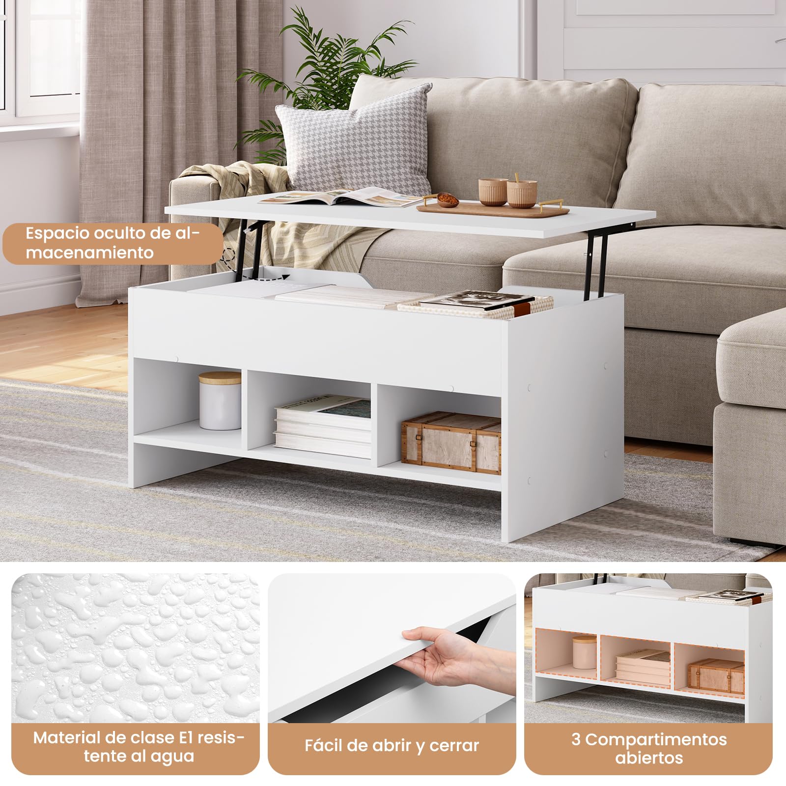 WOLTU Mesa de Centro Elevable y Extensible con Superficie Elevable | 3 Estantes Abiertos,Fácil de montar，Capacidad de carga máxima 30 kg,Mesita Pequela para Salon,Blanco,95x(40-55.5)x50 cm