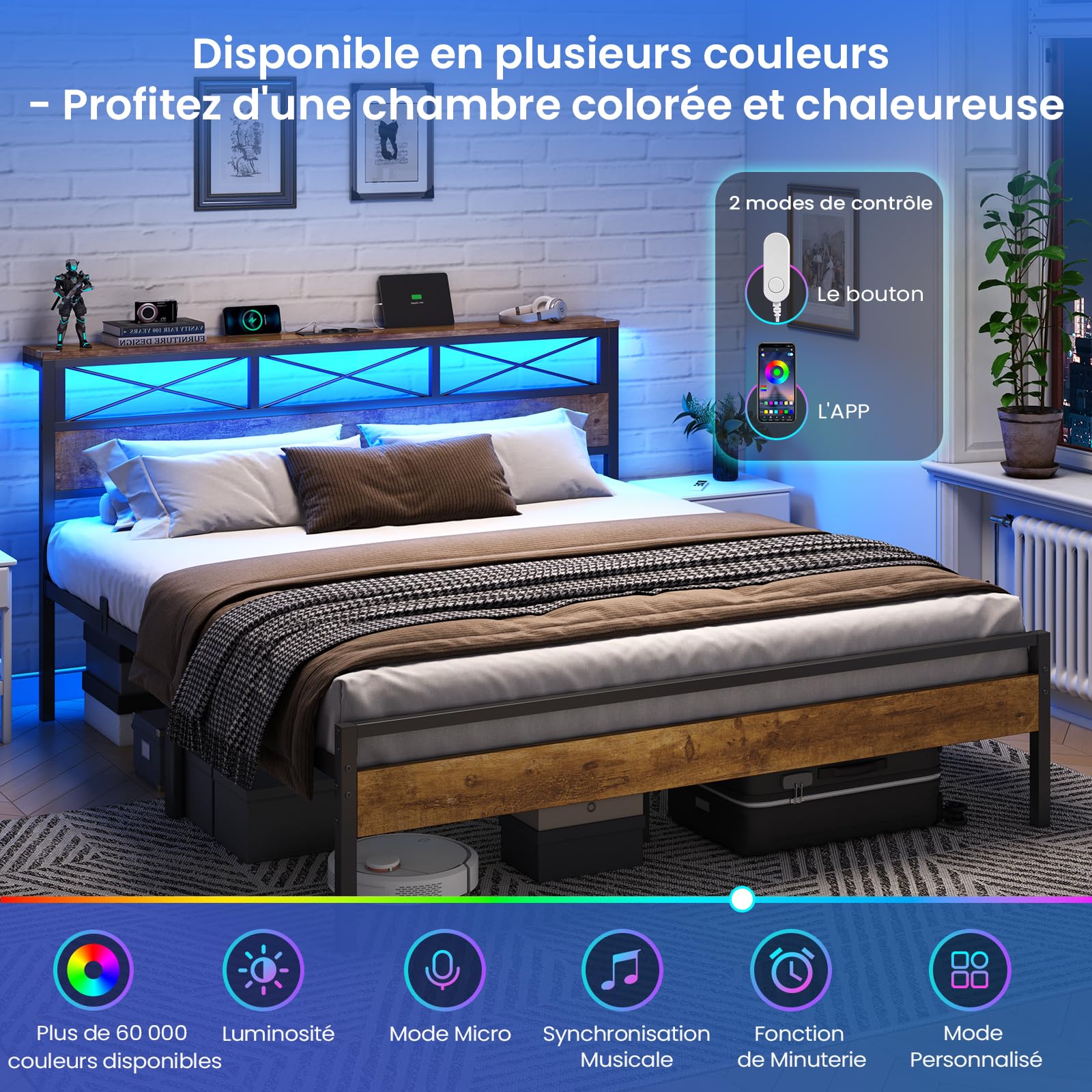 DICTAC Lit 160x200 avec Multiprise et Éclairage LED, Lit 2 Personnes avec Tête de Lit Rangement, Cadre de lit 160x200 en métal, Marron Vintage- Montage Facile